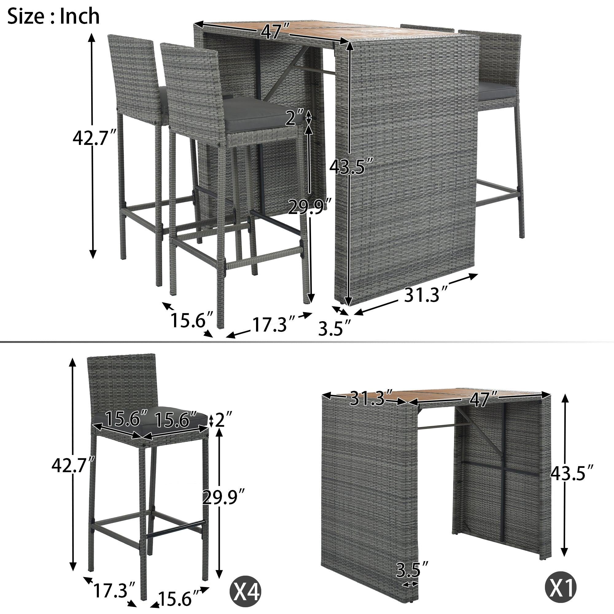 5 PCS Outdoor Patio Wicker Bar Set, Bar Height Chairs With Non-Slip Feet And Fixed Rope, Removable Cushion, Acacia Wood Table Top, Brown Wood And Gray Wicker