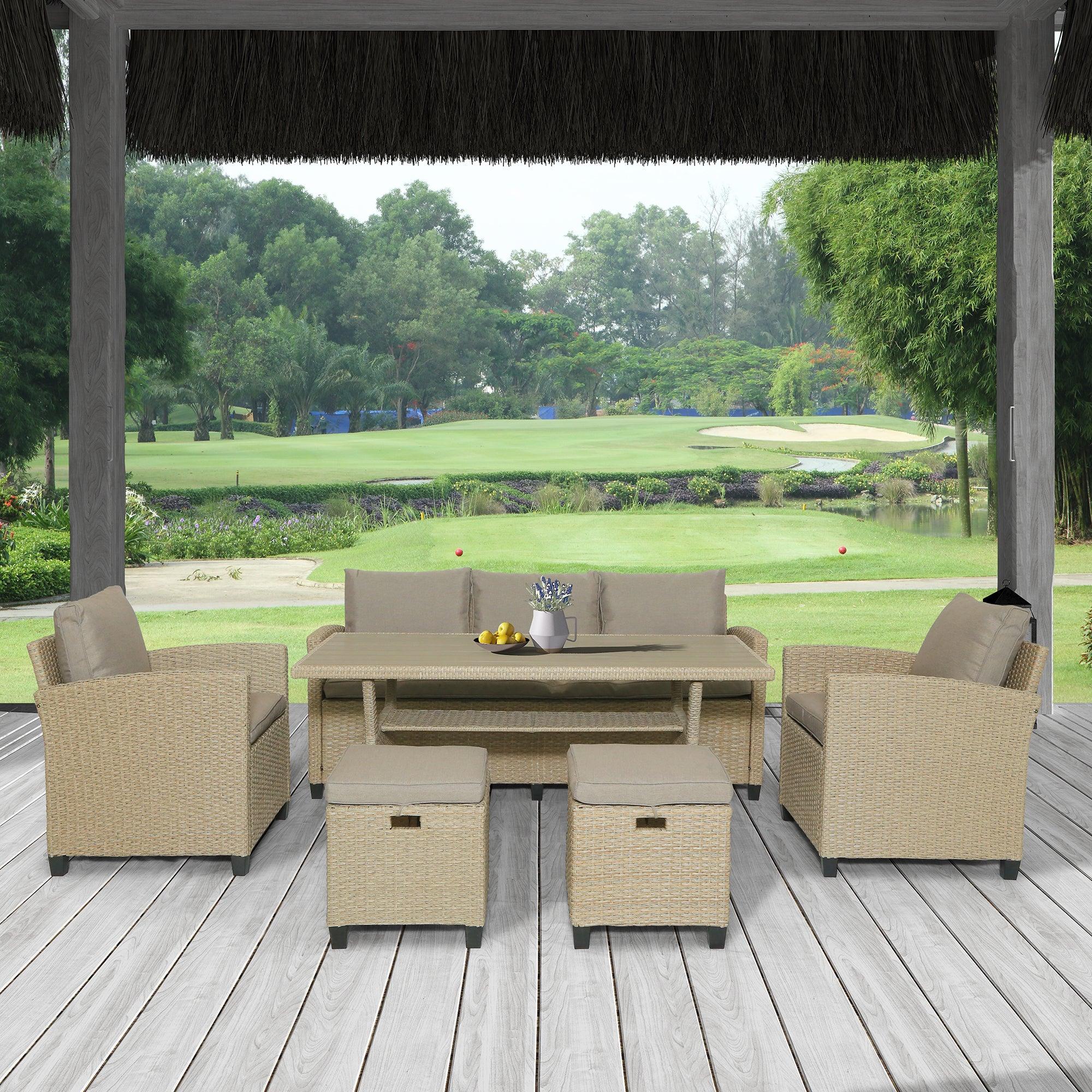 6 PCS Outdoor Patio Beige Rattan Wicker Dining Set with Beige Cushions