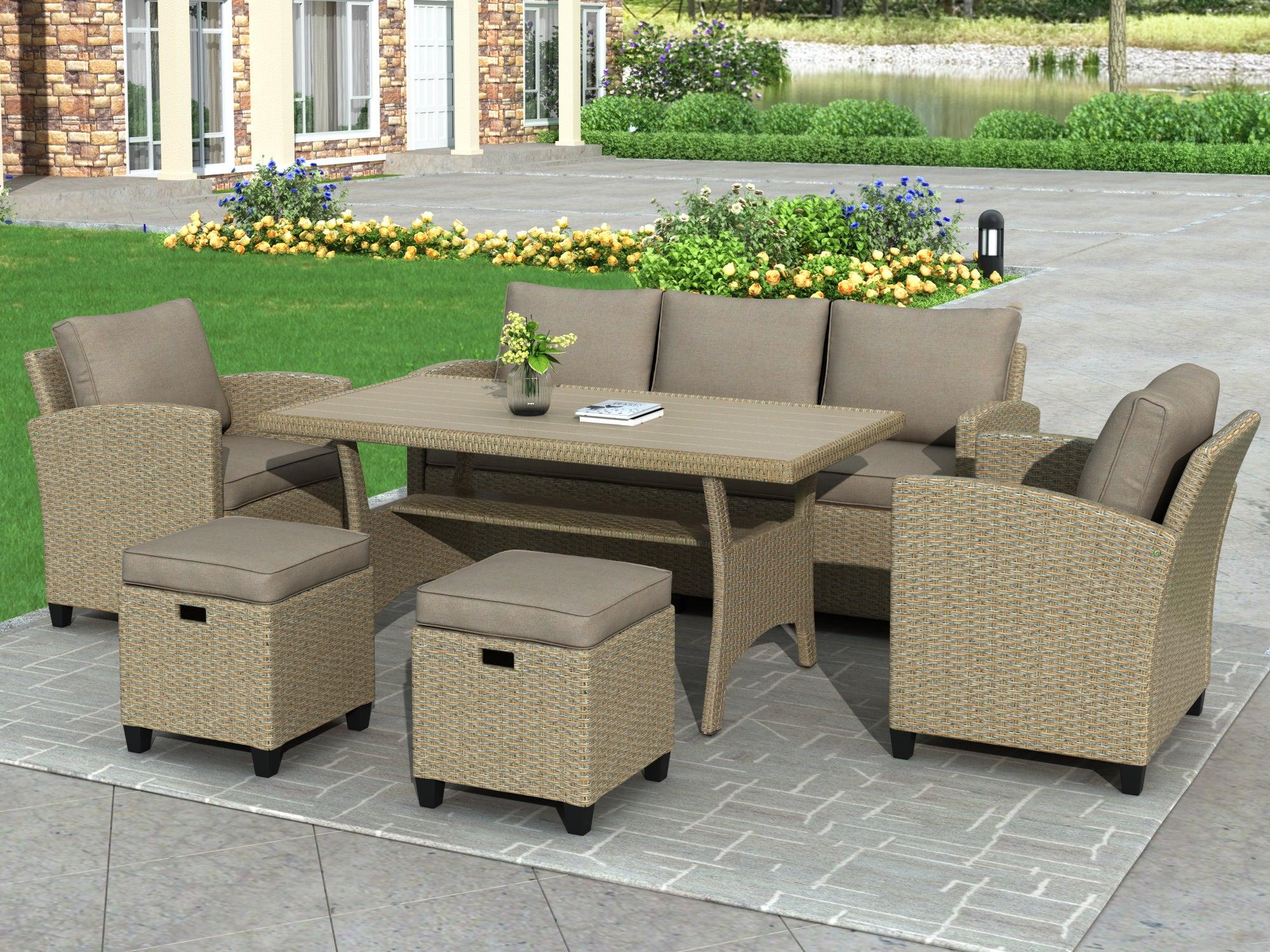 6 PCS Outdoor Patio Beige Rattan Wicker Dining Set with Beige Cushions