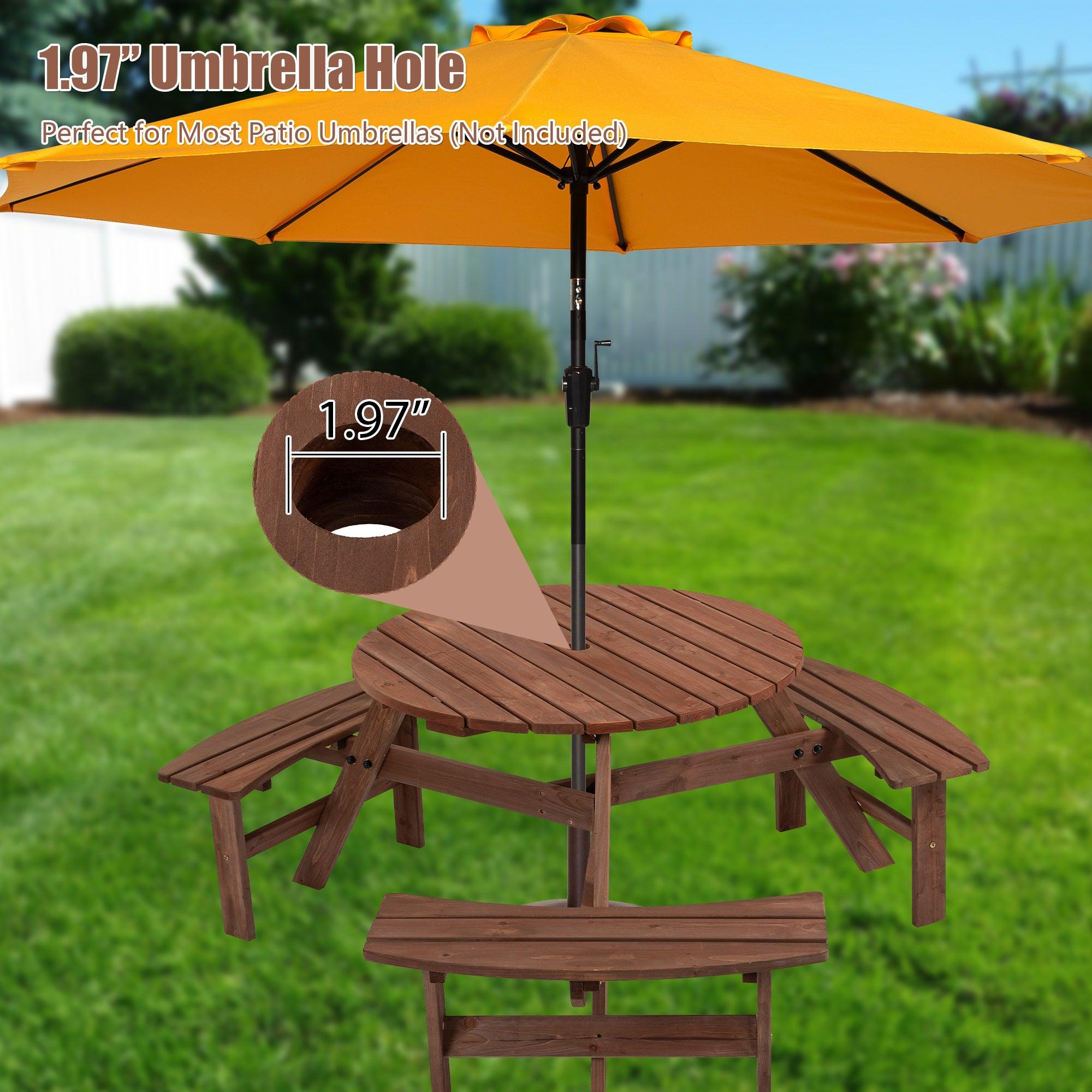 6-Person Circular Outdoor Wooden Picnic Table with 3 Built-in Benches - Brown