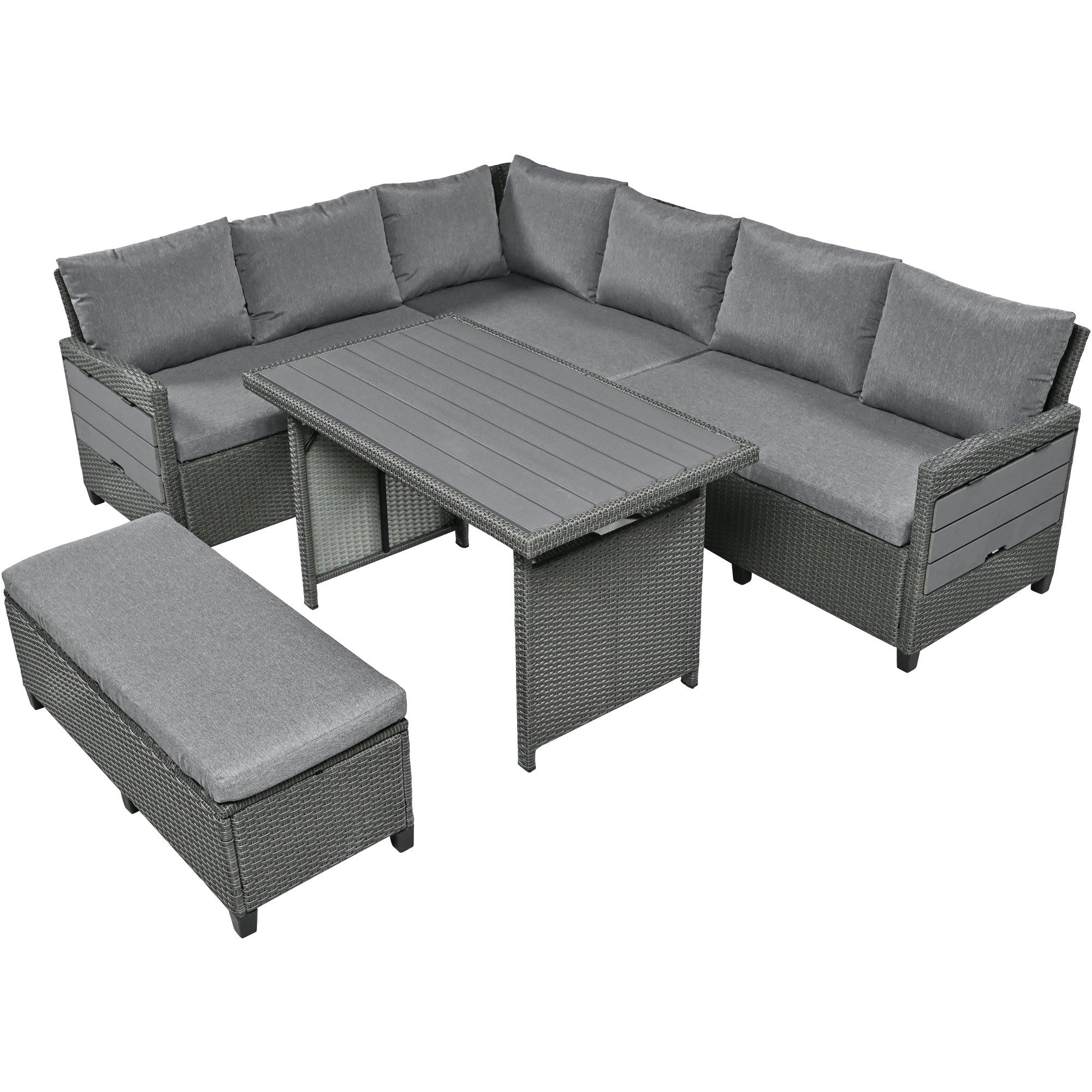 5 PCS Outdoor Patio PE Wicker Gray Rattan L-Shaped Sectional Sofa Set with 2 Extendable Side Tables, Dining Table and Washable Covers - Gray