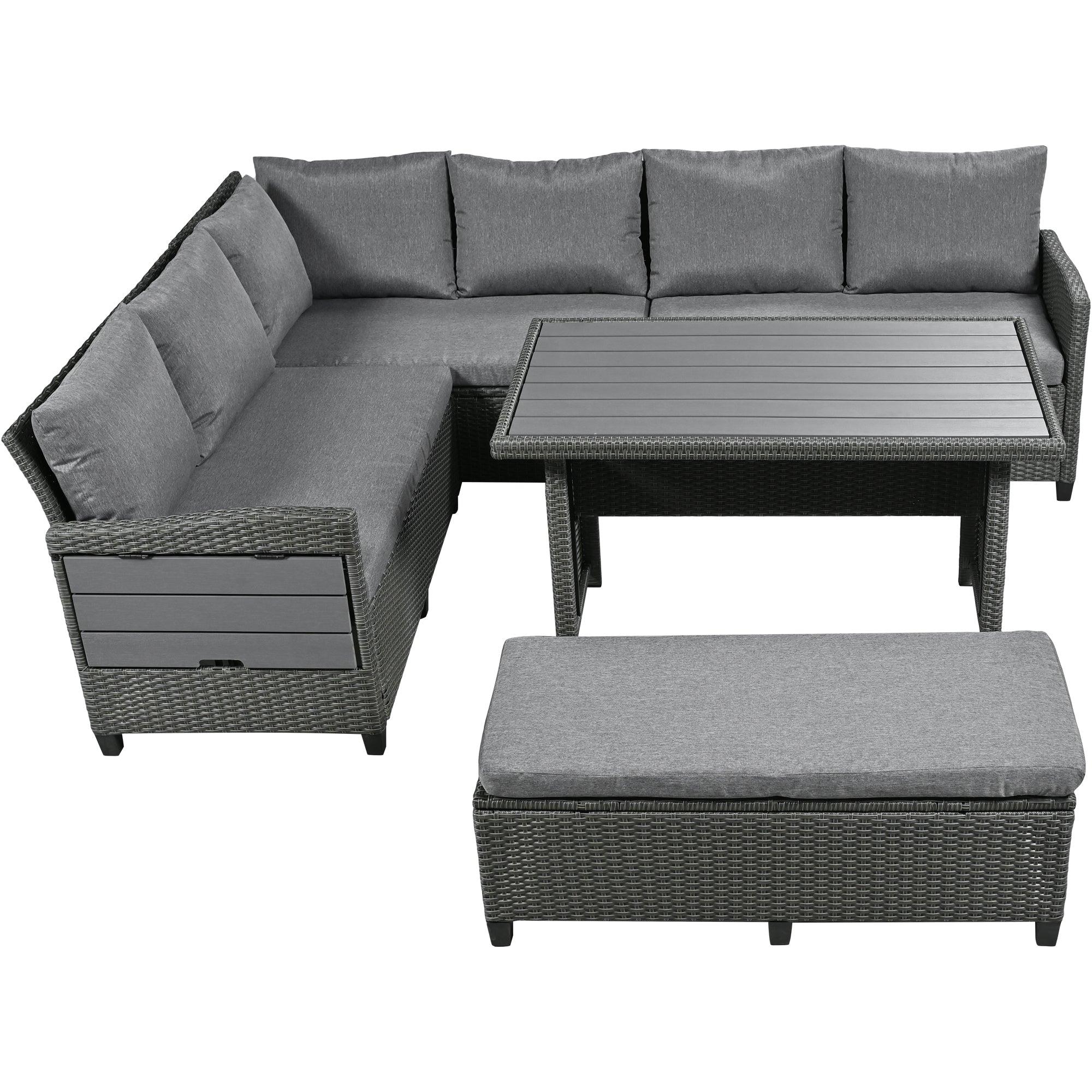 5 PCS Outdoor Patio PE Wicker Gray Rattan L-Shaped Sectional Sofa Set with 2 Extendable Side Tables, Dining Table and Washable Covers - Gray