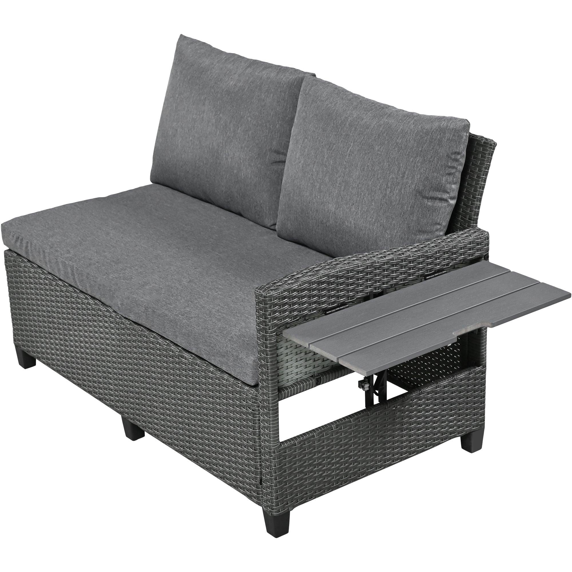 5 PCS Outdoor Patio PE Wicker Gray Rattan L-Shaped Sectional Sofa Set with 2 Extendable Side Tables, Dining Table and Washable Covers - Gray