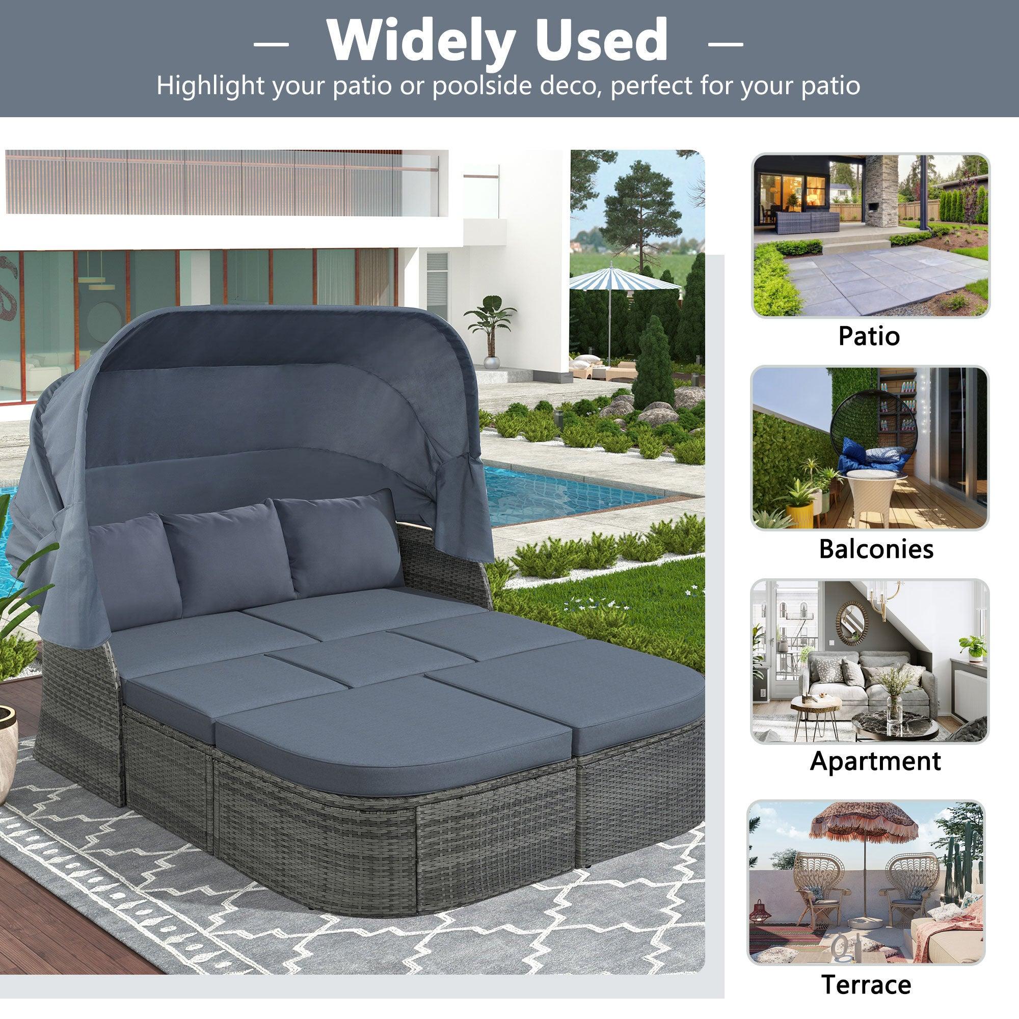 Outdoor Patio Furniture Set Daybed Sunbed with Retractable Canopy and Gray Cushions