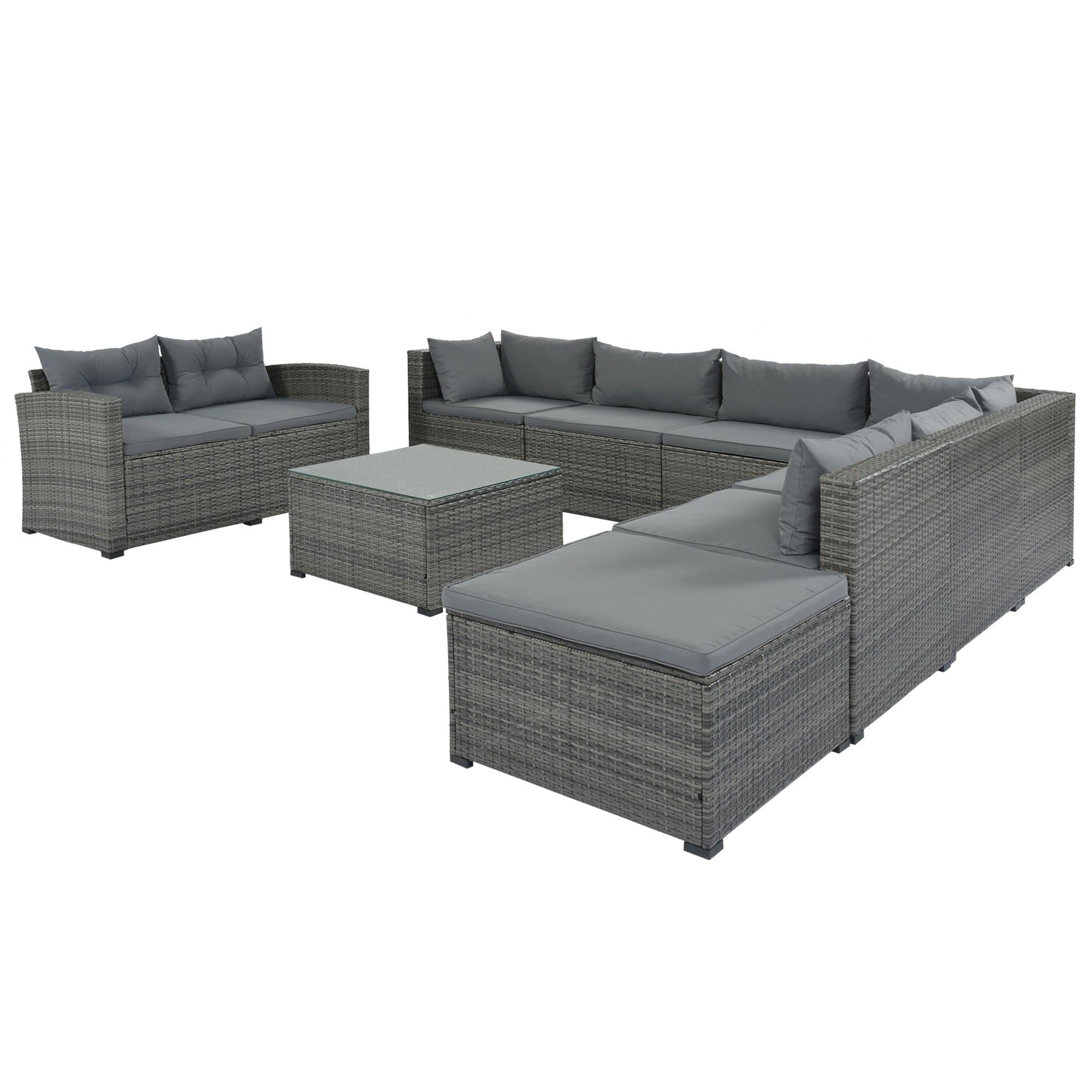 9 PCS Outdoor Patio Large Arrangeable Rattan Furniture Sofa Set with Gray Cushion and Gray Wicker