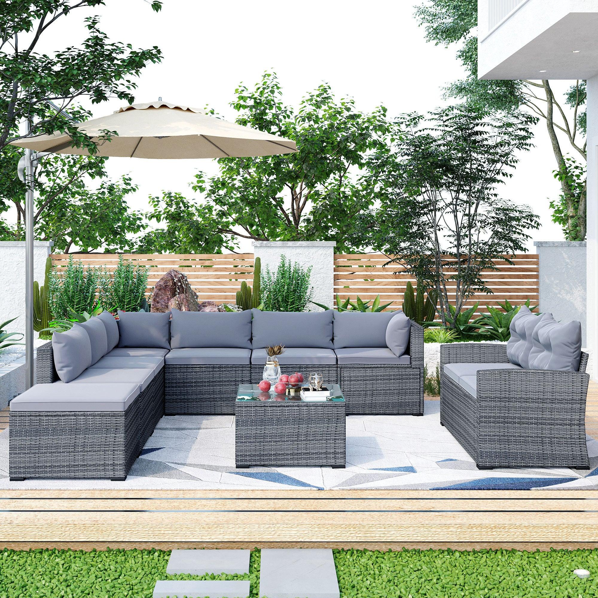 9 PCS Outdoor Patio Large Arrangeable Rattan Furniture Sofa Set with Gray Cushion and Gray Wicker