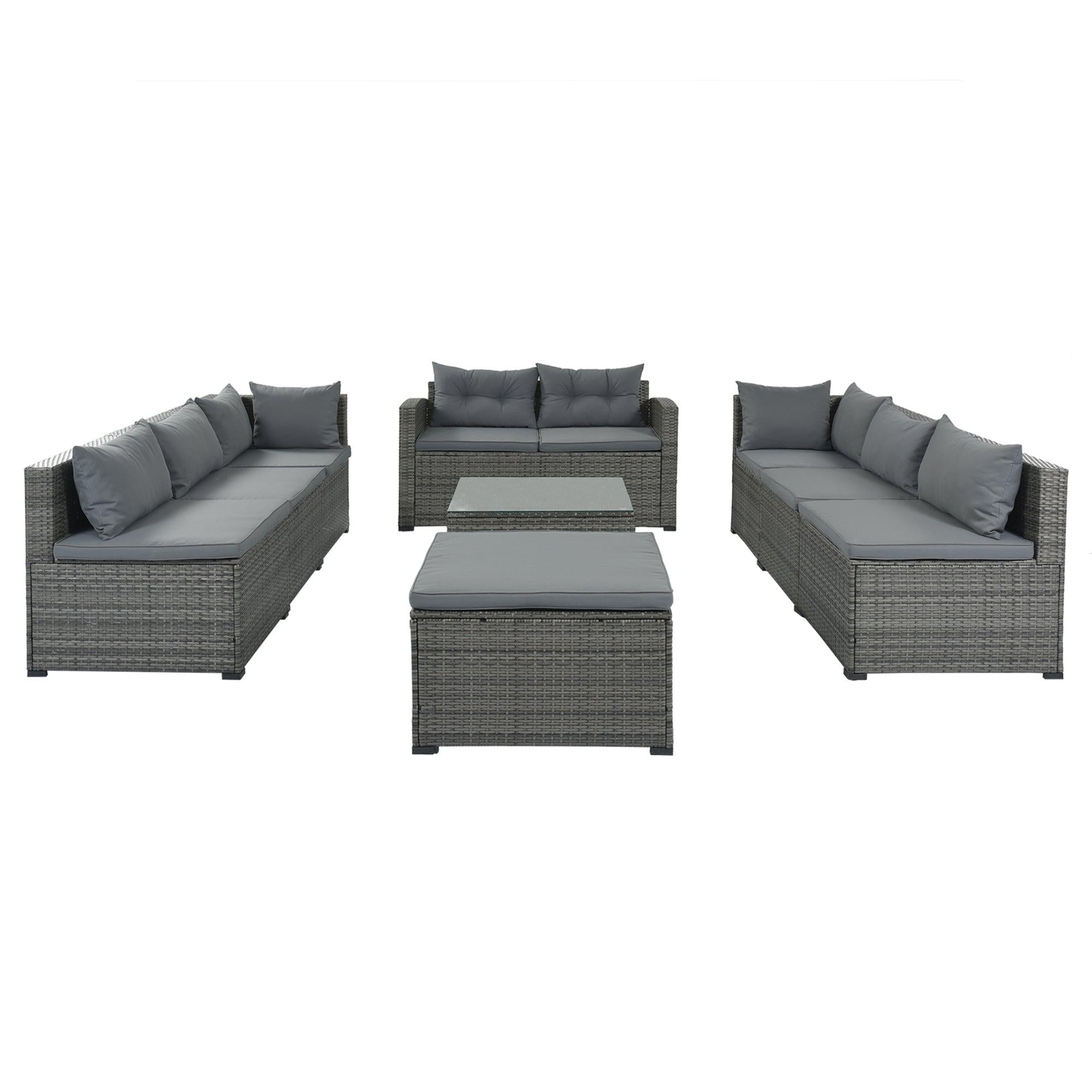 9 PCS Outdoor Patio Large Arrangeable Rattan Furniture Sofa Set with Gray Cushion and Gray Wicker