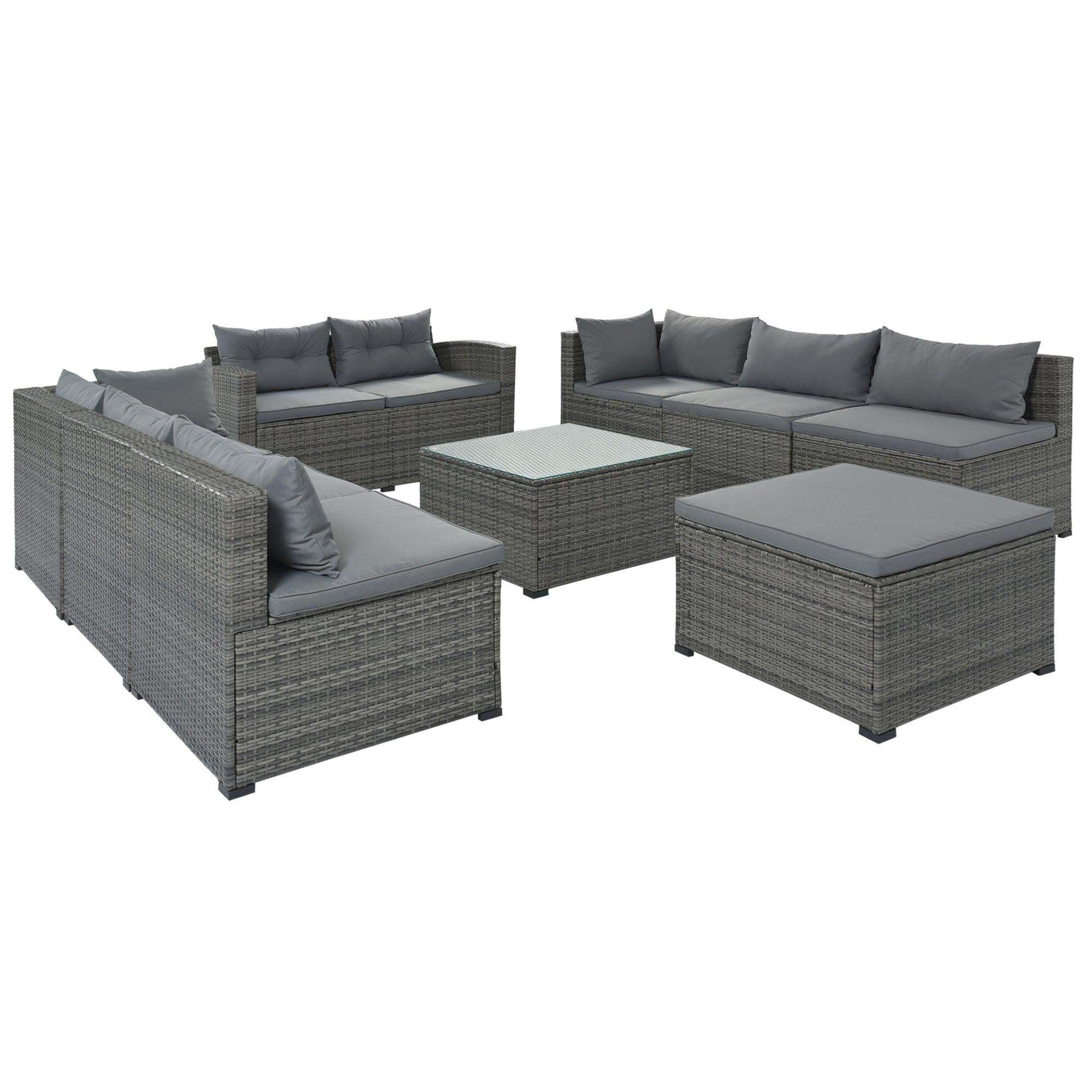 9 PCS Outdoor Patio Large Arrangeable Rattan Furniture Sofa Set with Gray Cushion and Gray Wicker