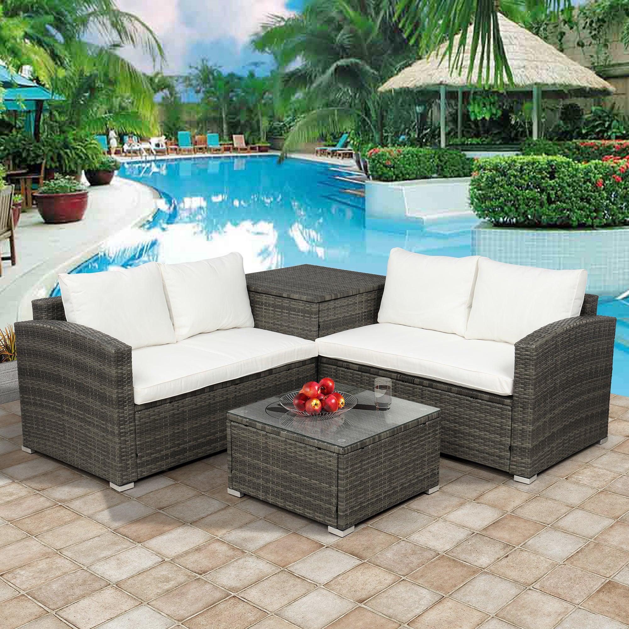 4 PCS Outdoor PE Rattan Wicker Sectional Sofa Set with Beige Cushion andStorage Box