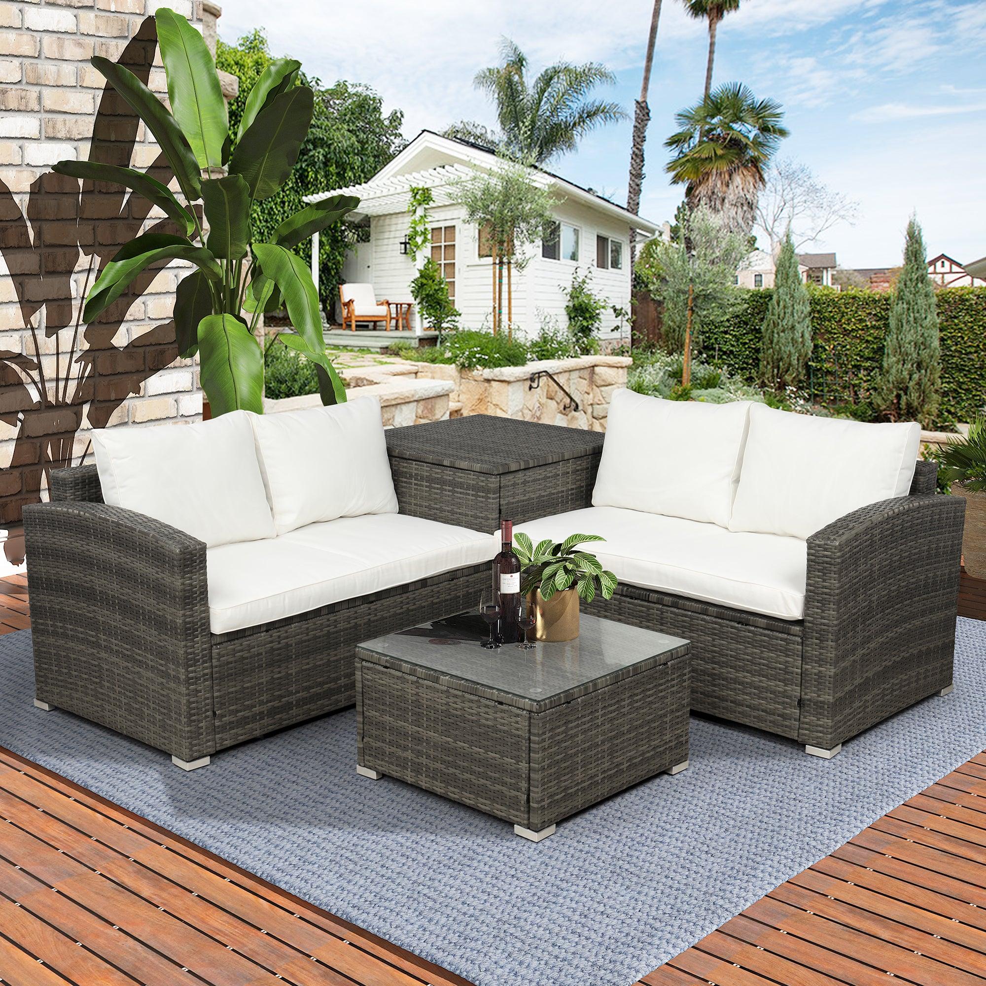 4 PCS Outdoor PE Rattan Wicker Sectional Sofa Set with Beige Cushion andStorage Box