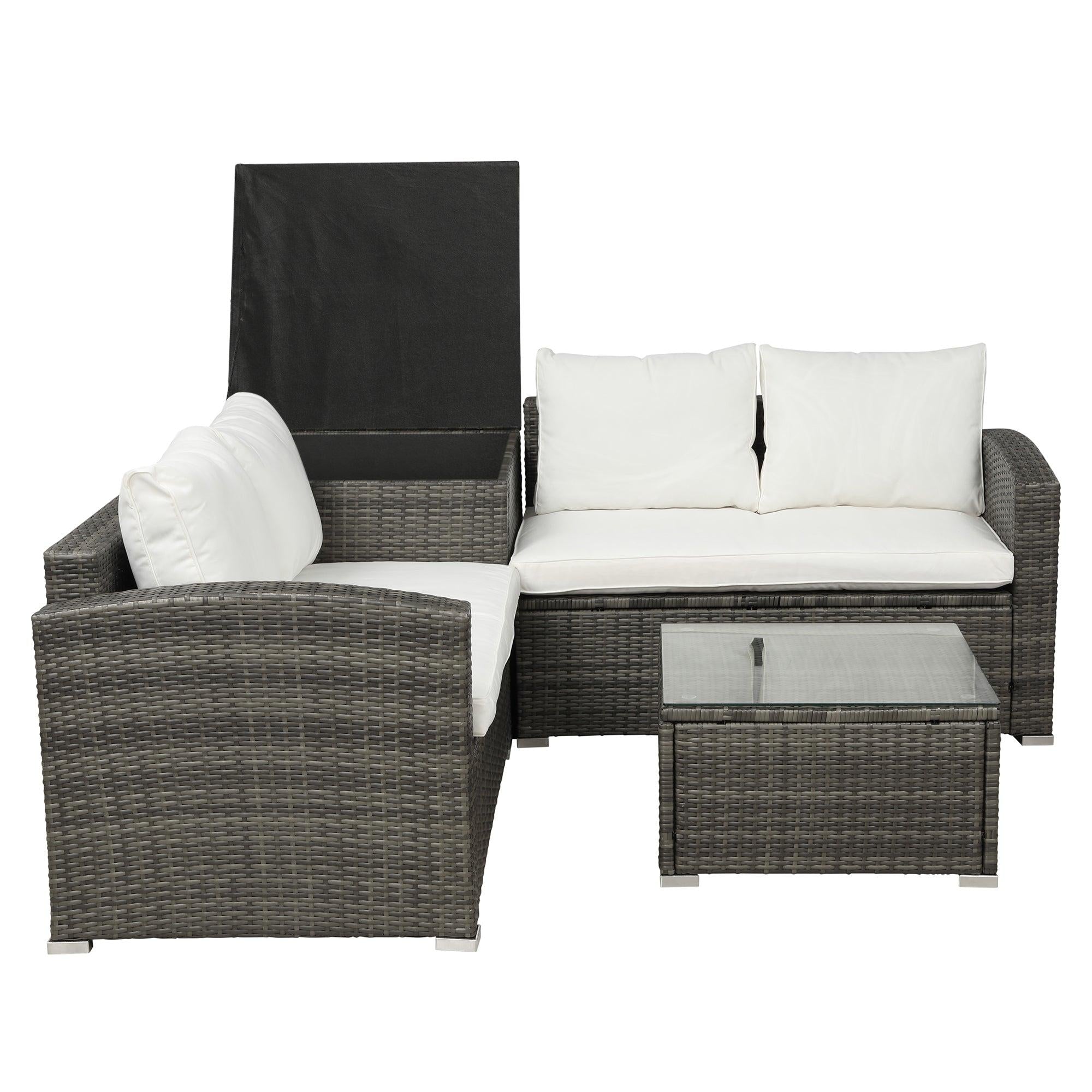 4 PCS Outdoor PE Rattan Wicker Sectional Sofa Set with Beige Cushion andStorage Box