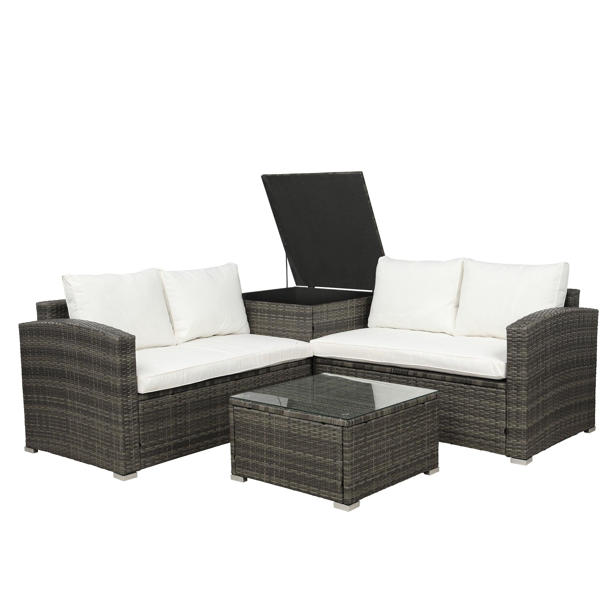 4 PCS Outdoor PE Rattan Wicker Sectional Sofa Set with Beige Cushion andStorage Box