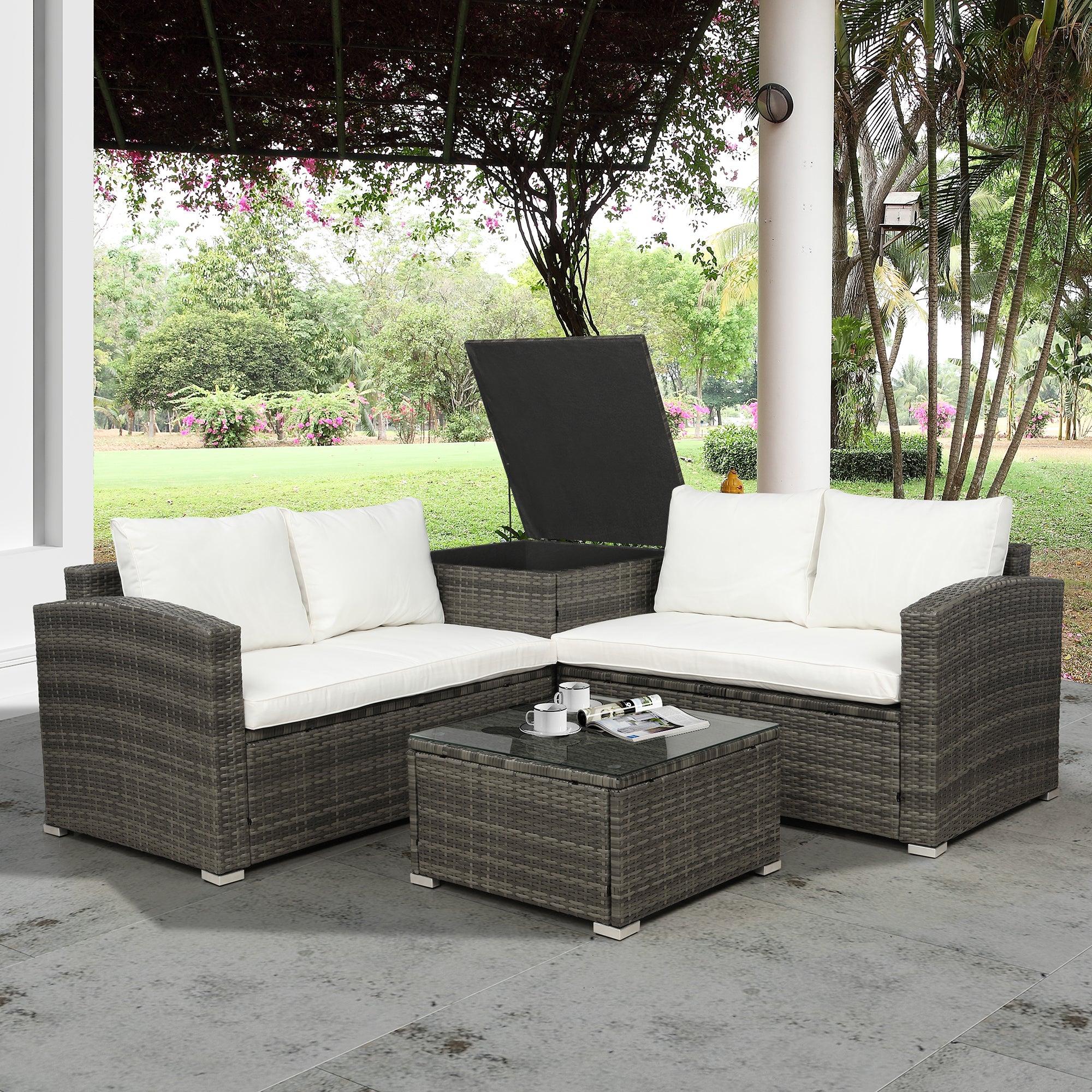 4 PCS Outdoor PE Rattan Wicker Sectional Sofa Set with Beige Cushion andStorage Box