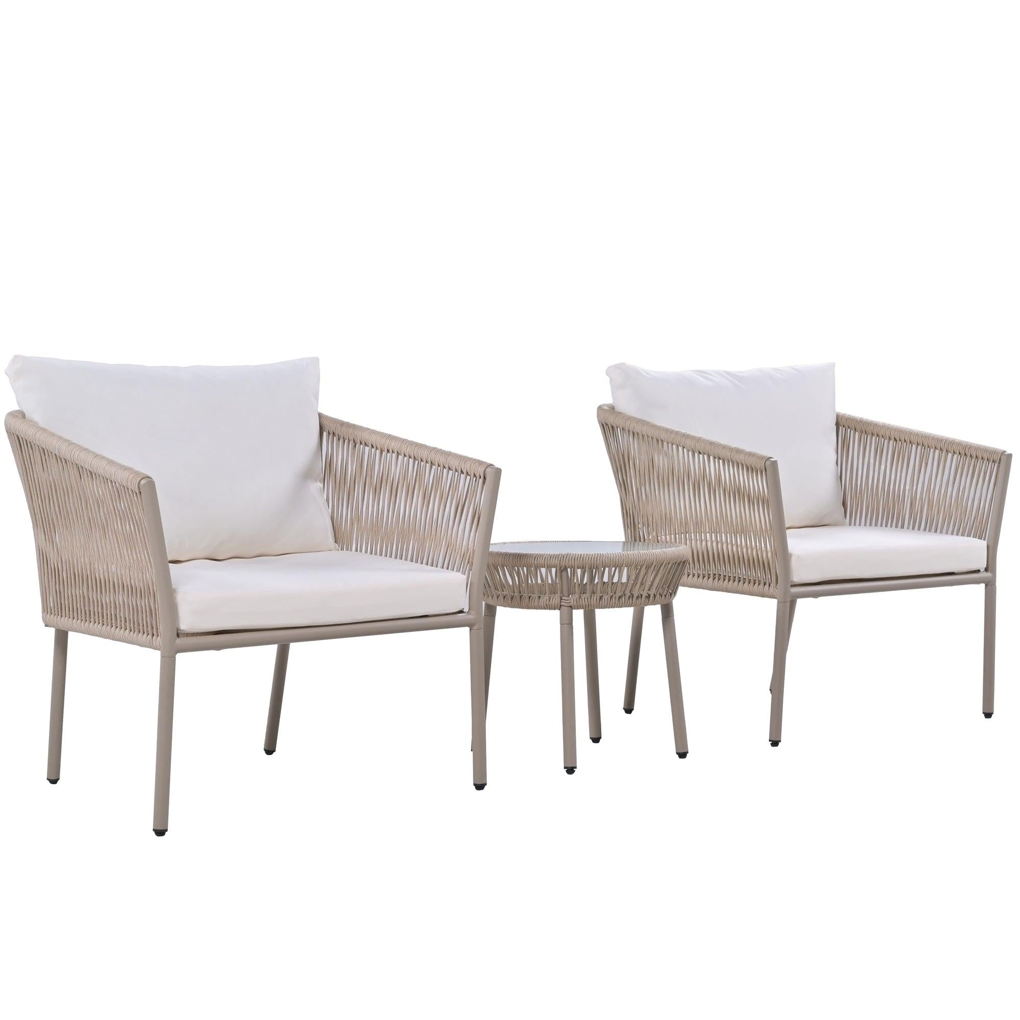 2PCS Luxury Rattan Outdoor Seating Set Including 2 Armchairs and Coffee Table with Beige Cushions and Brown Rattan