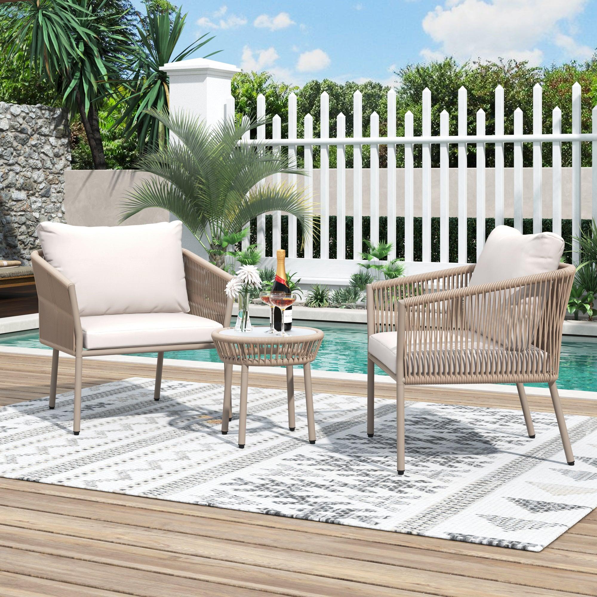 2PCS Luxury Rattan Outdoor Seating Set Including 2 Armchairs and Coffee Table with Beige Cushions and Brown Rattan