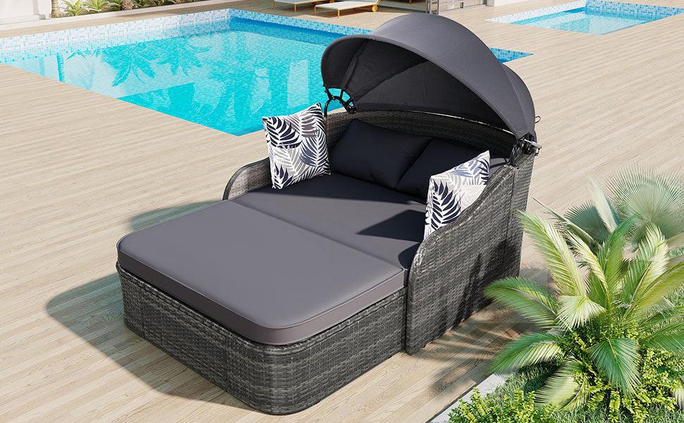 79.9" Outdoor Double Lounge Sunbed with Adjustable Canopy, Gray Wicker And Gray Cushion