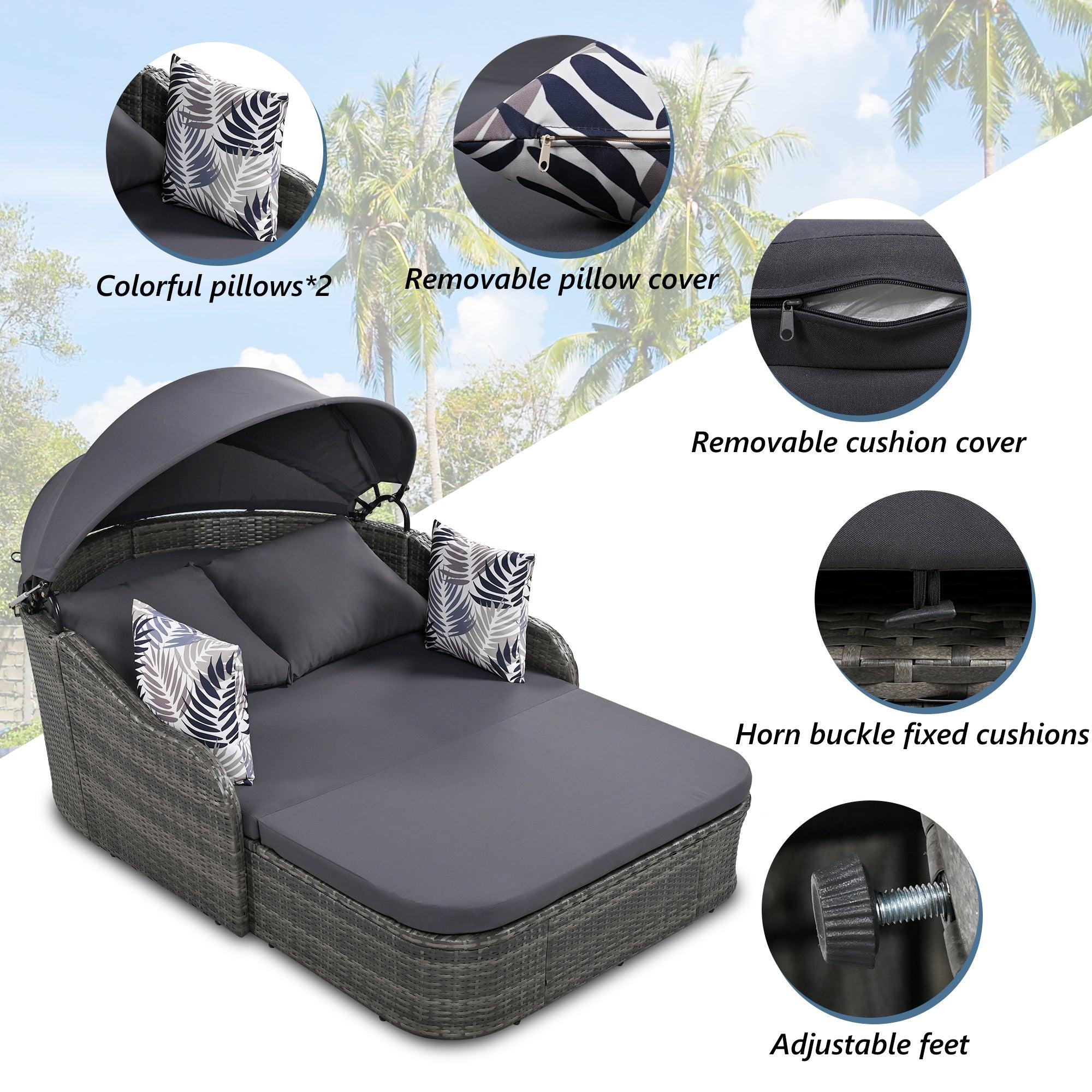 79.9" Outdoor Double Lounge Sunbed with Adjustable Canopy, Gray Wicker And Gray Cushion