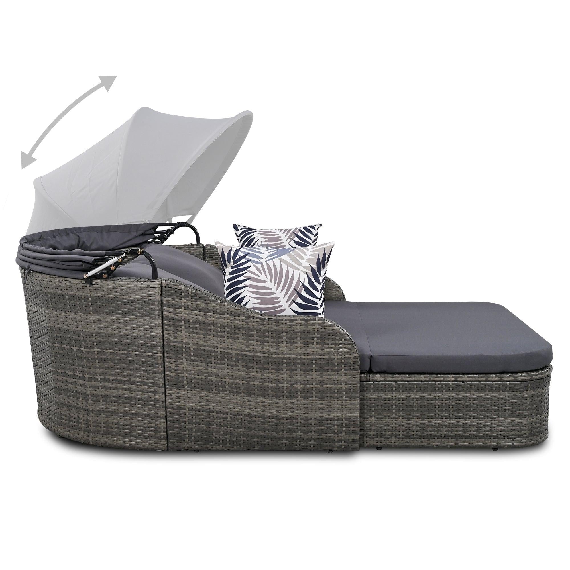 79.9" Outdoor Double Lounge Sunbed with Adjustable Canopy, Gray Wicker And Gray Cushion