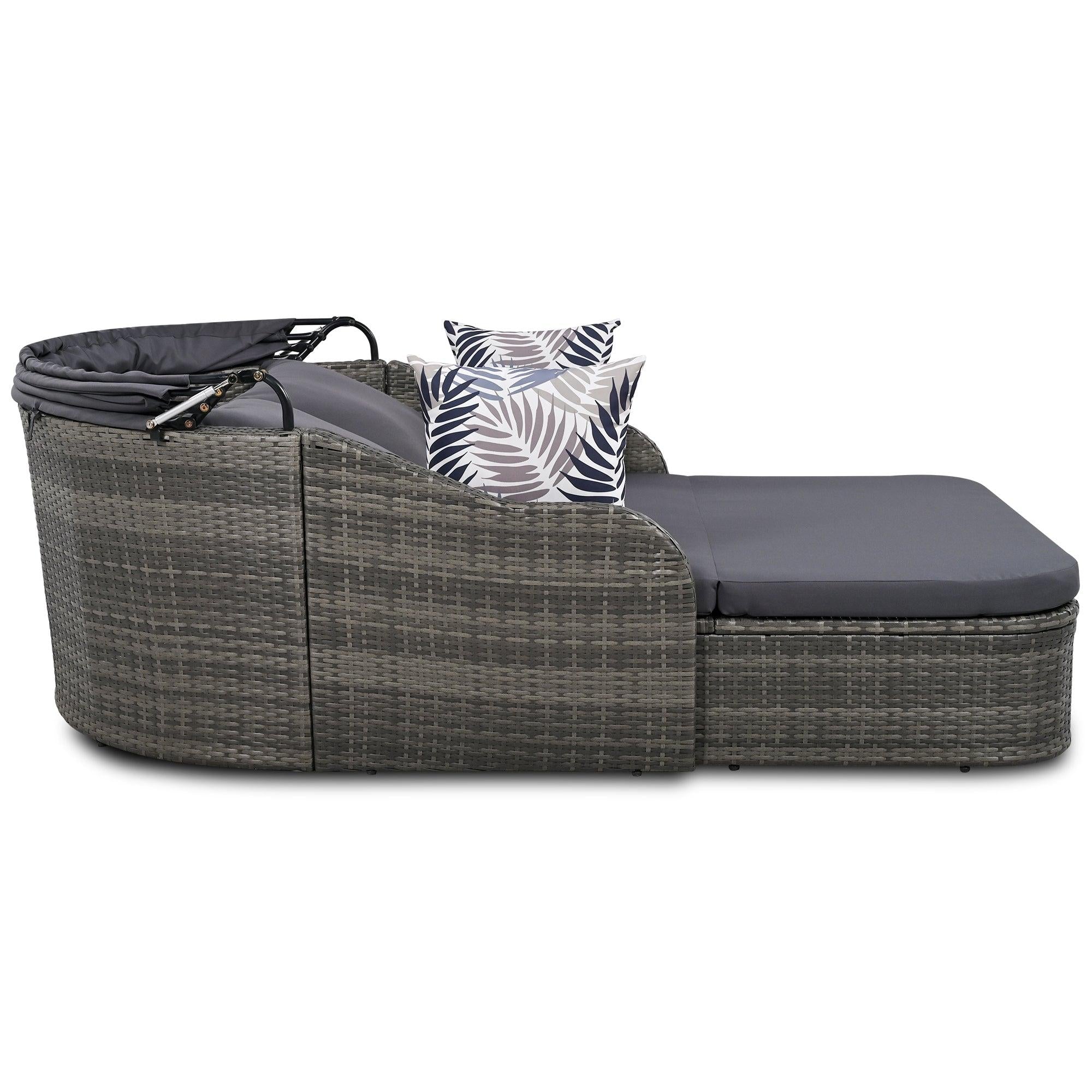 79.9" Outdoor Double Lounge Sunbed with Adjustable Canopy, Gray Wicker And Gray Cushion