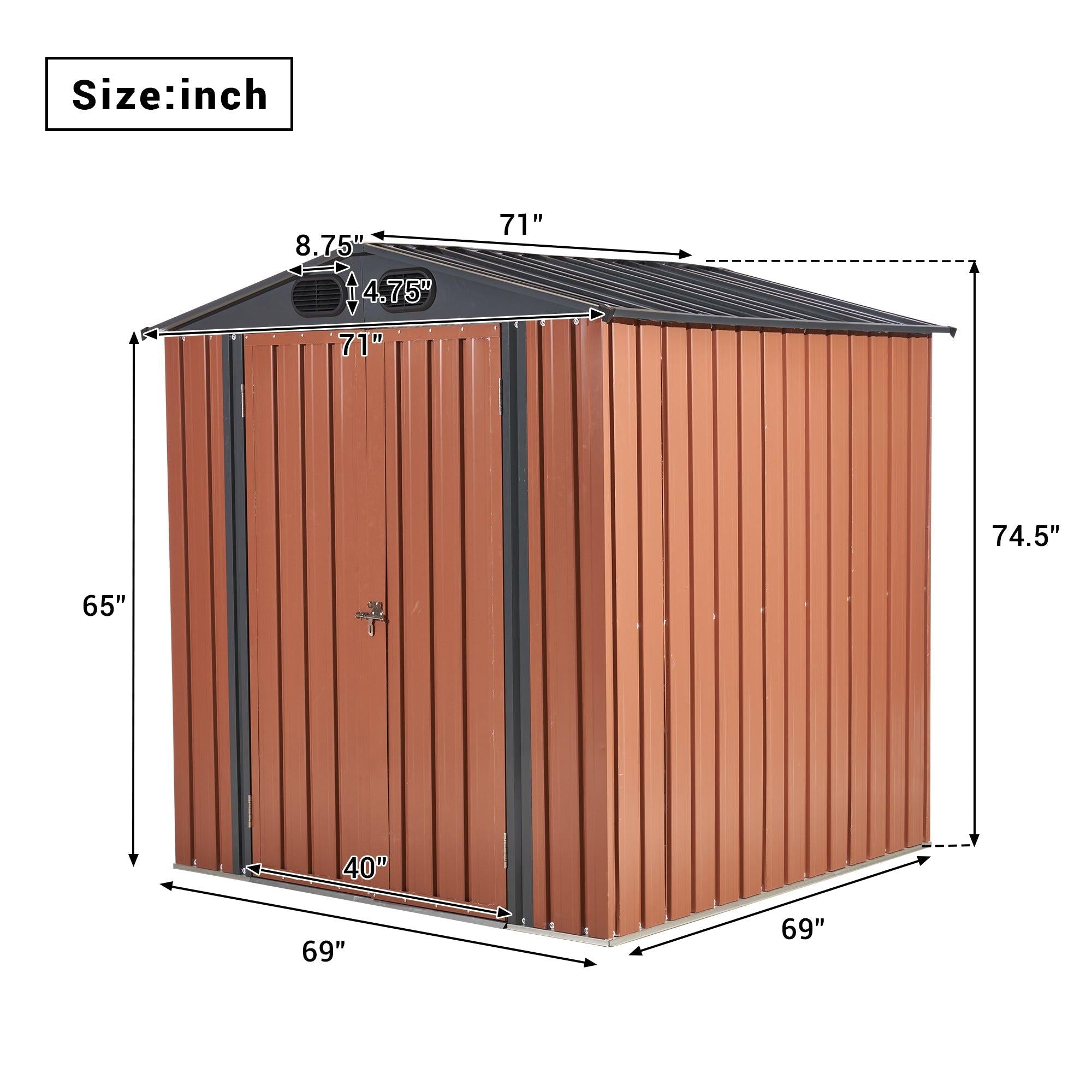 6ft x 6ft Outdoor Galvanized SteelStorage Shed with Lockable Door