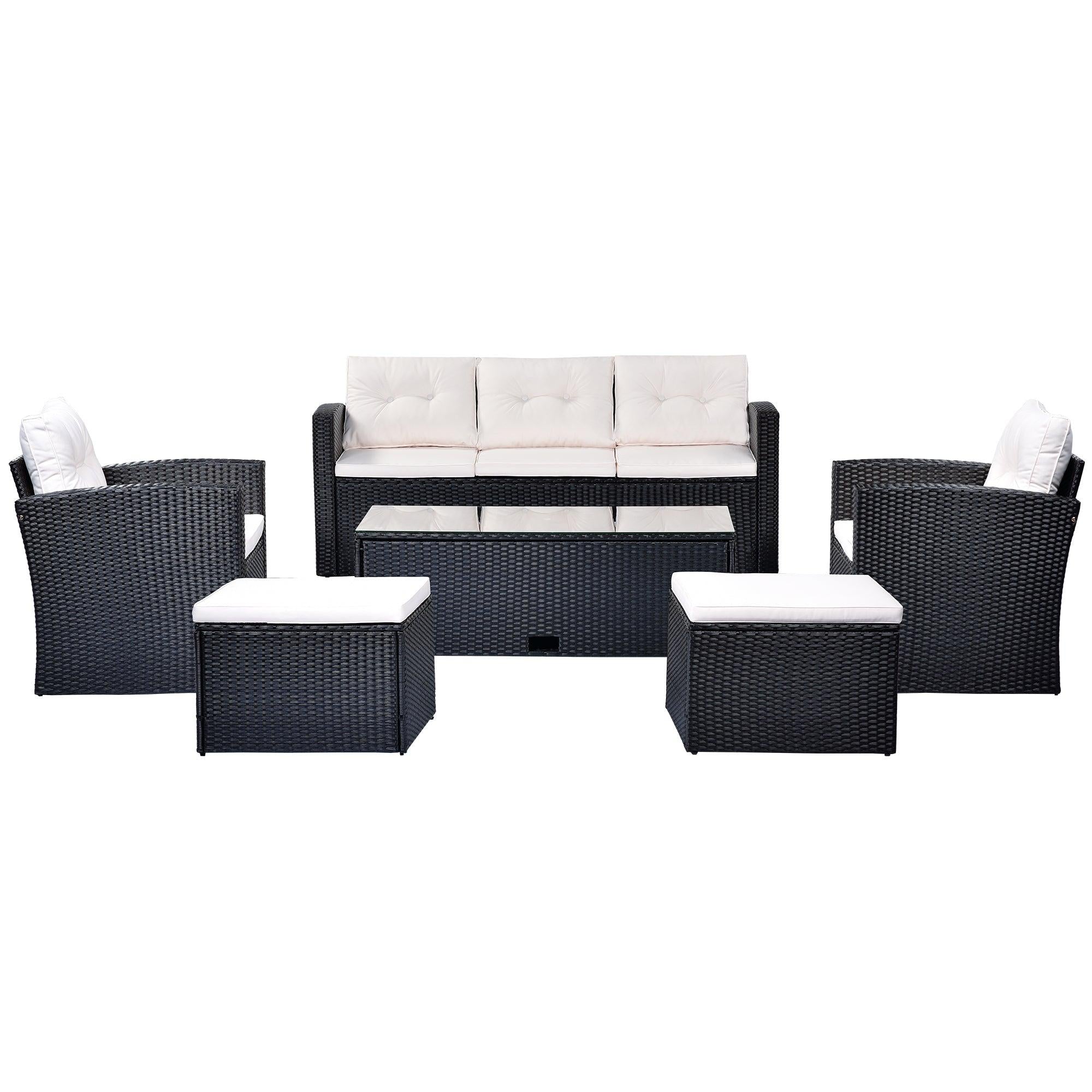 6 PCS All-Weather Wicker PE Rattan Patio Outdoor Dining Conversation Sectional Set with Black Wicker and Beige Cushions