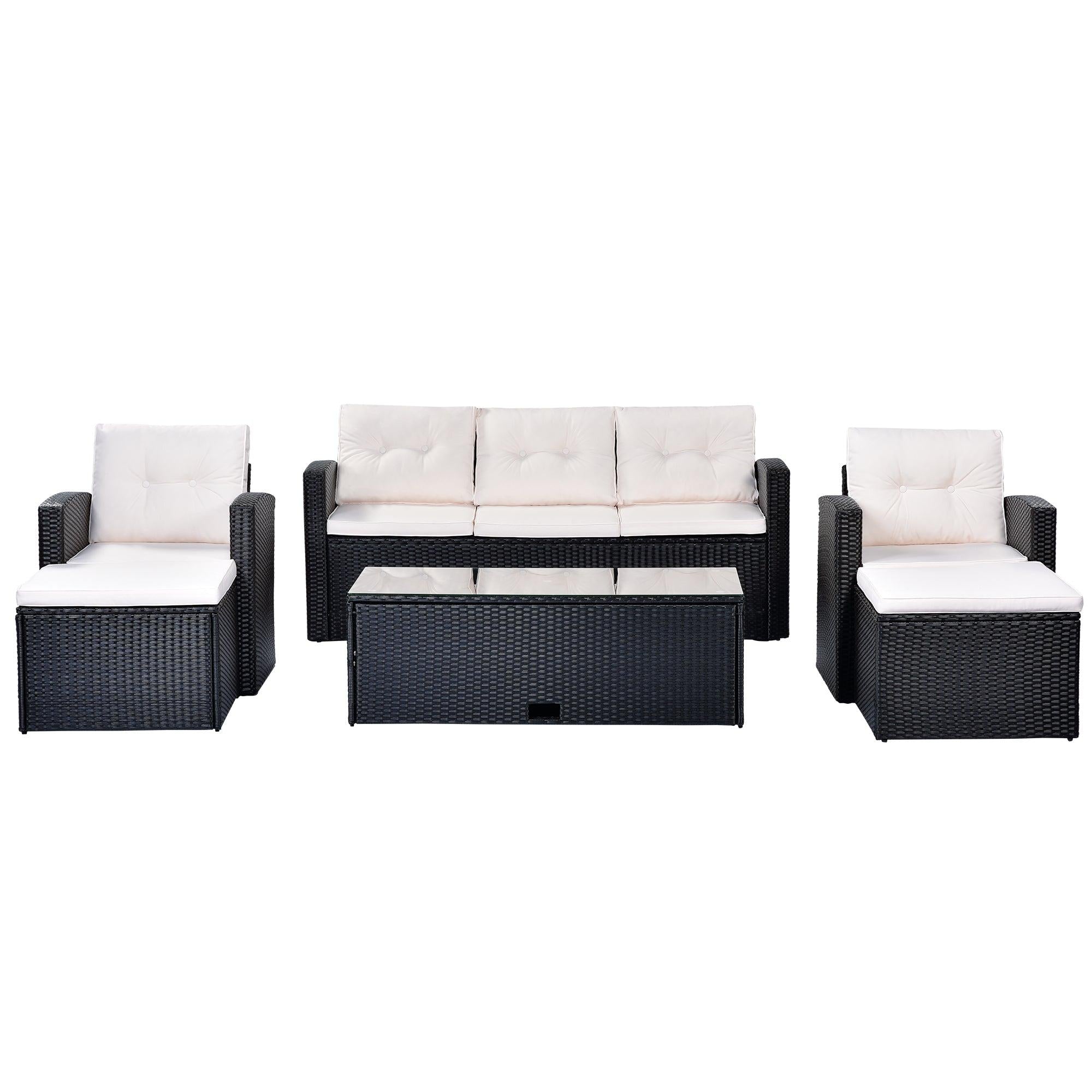 6 PCS All-Weather Wicker PE Rattan Patio Outdoor Dining Conversation Sectional Set with Black Wicker and Beige Cushions