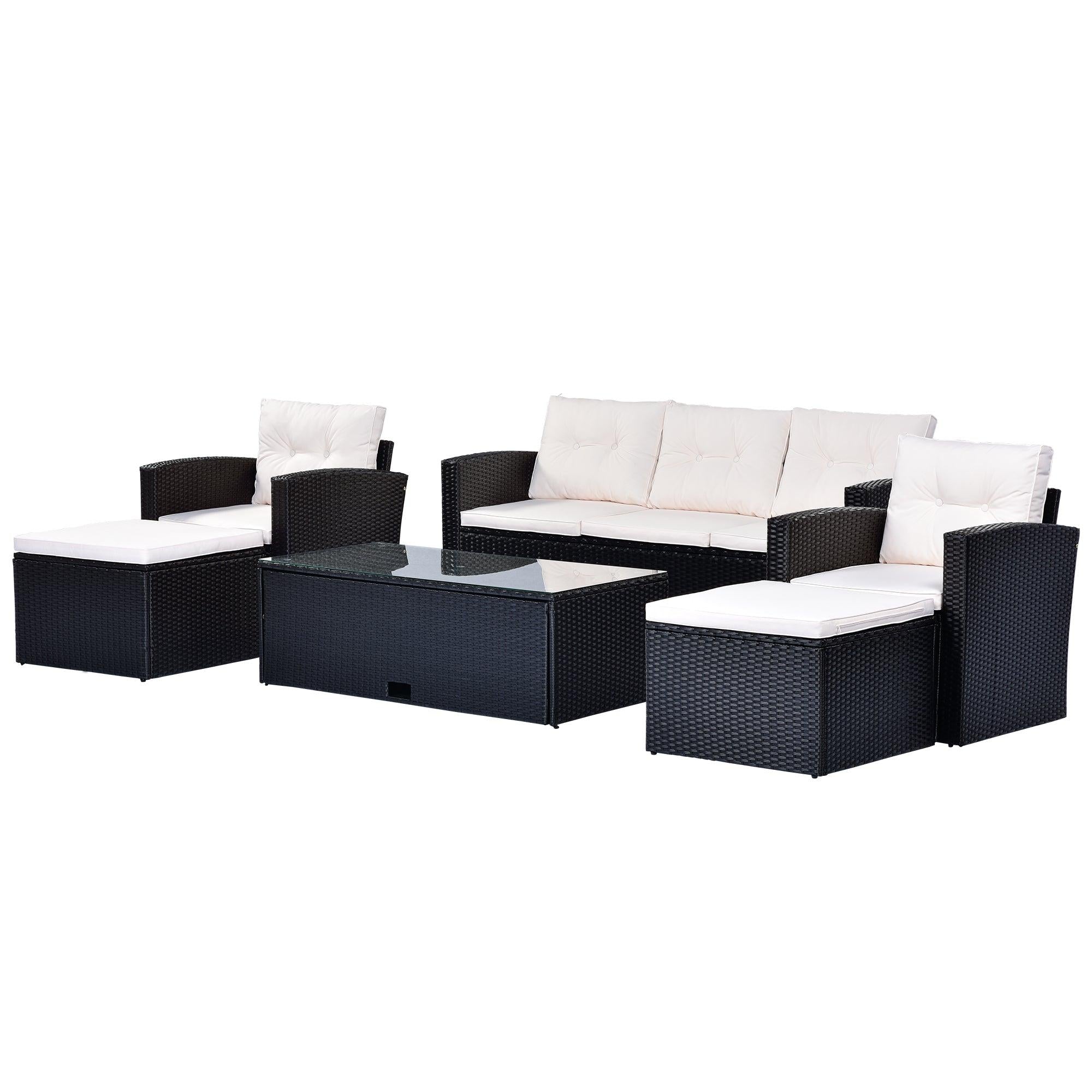 6 PCS All-Weather Wicker PE Rattan Patio Outdoor Dining Conversation Sectional Set with Black Wicker and Beige Cushions