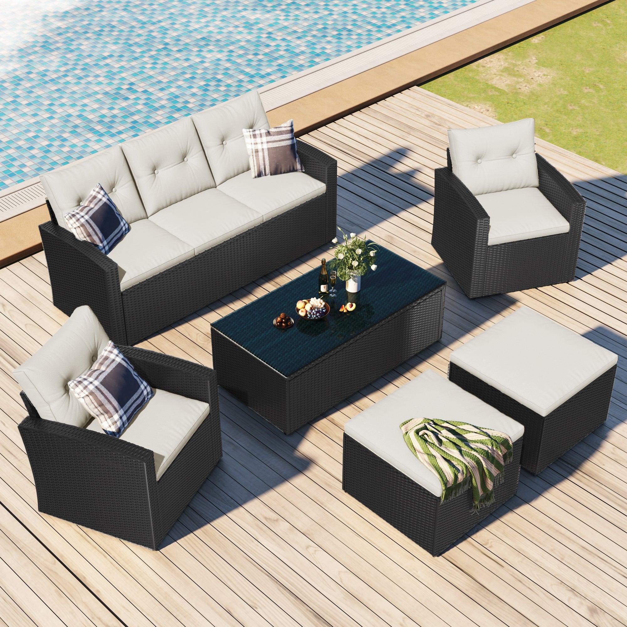 6 PCS All-Weather Wicker PE Rattan Patio Outdoor Dining Conversation Sectional Set with Black Wicker and Beige Cushions