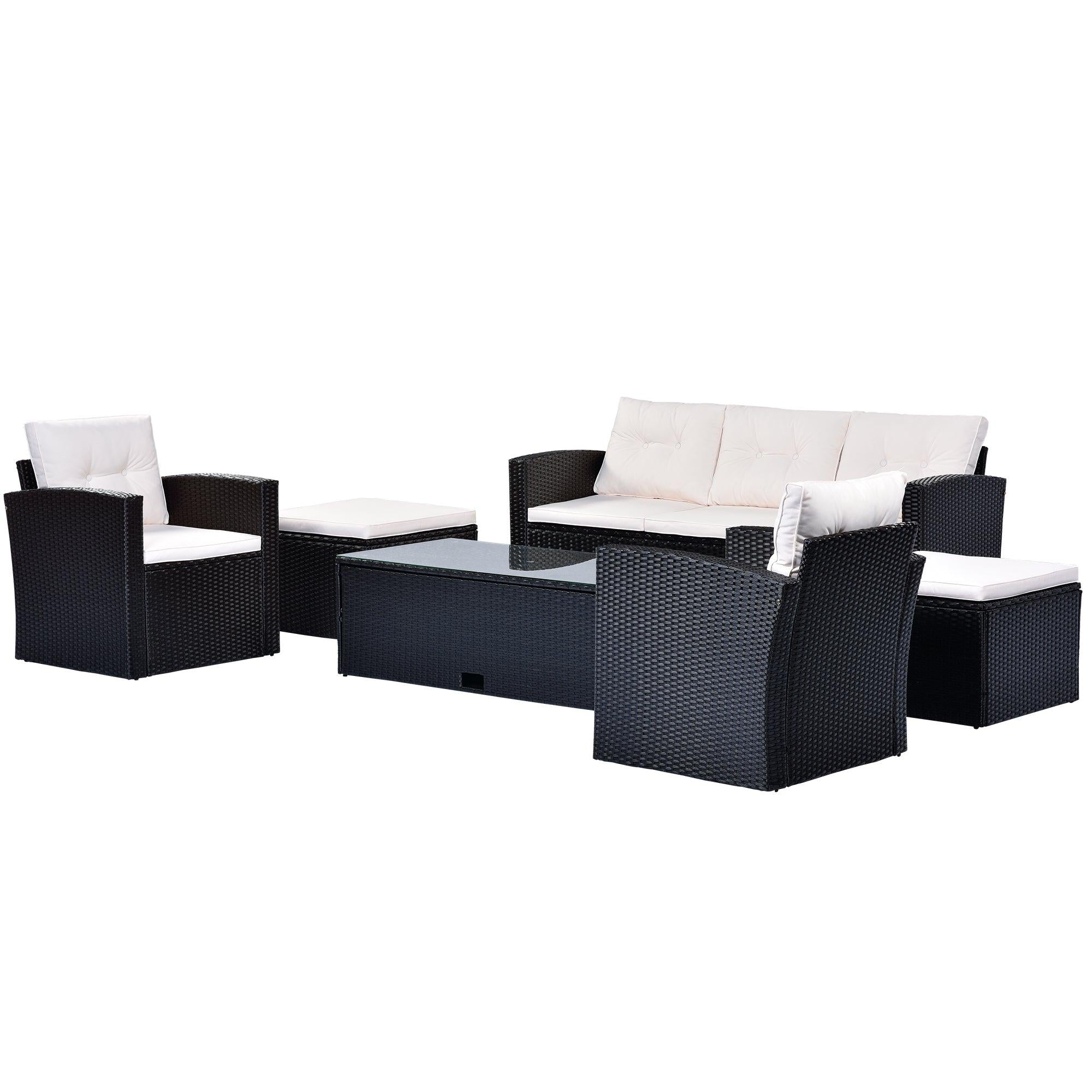 6 PCS All-Weather Wicker PE Rattan Patio Outdoor Dining Conversation Sectional Set with Black Wicker and Beige Cushions