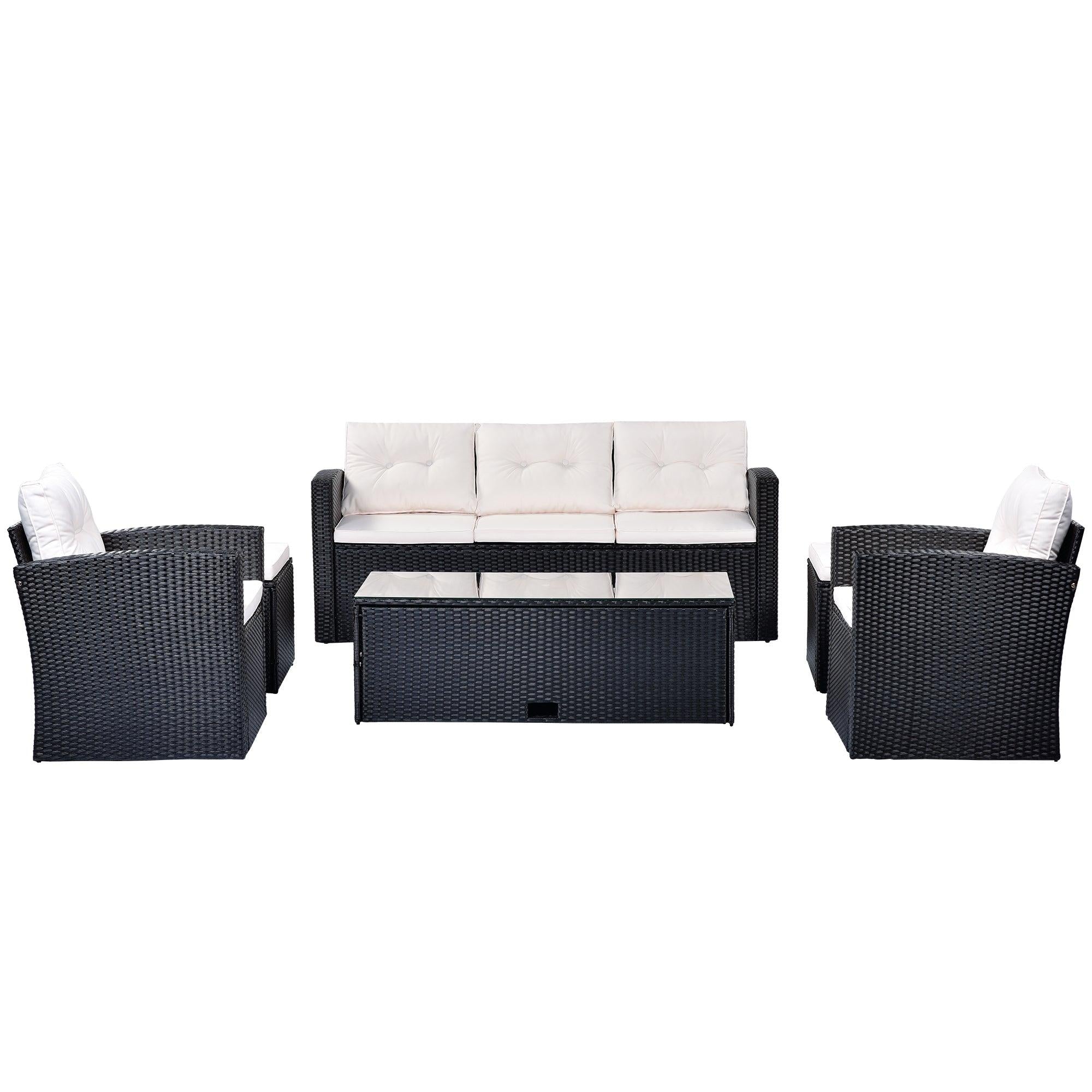 6 PCS All-Weather Wicker PE Rattan Patio Outdoor Dining Conversation Sectional Set with Black Wicker and Beige Cushions