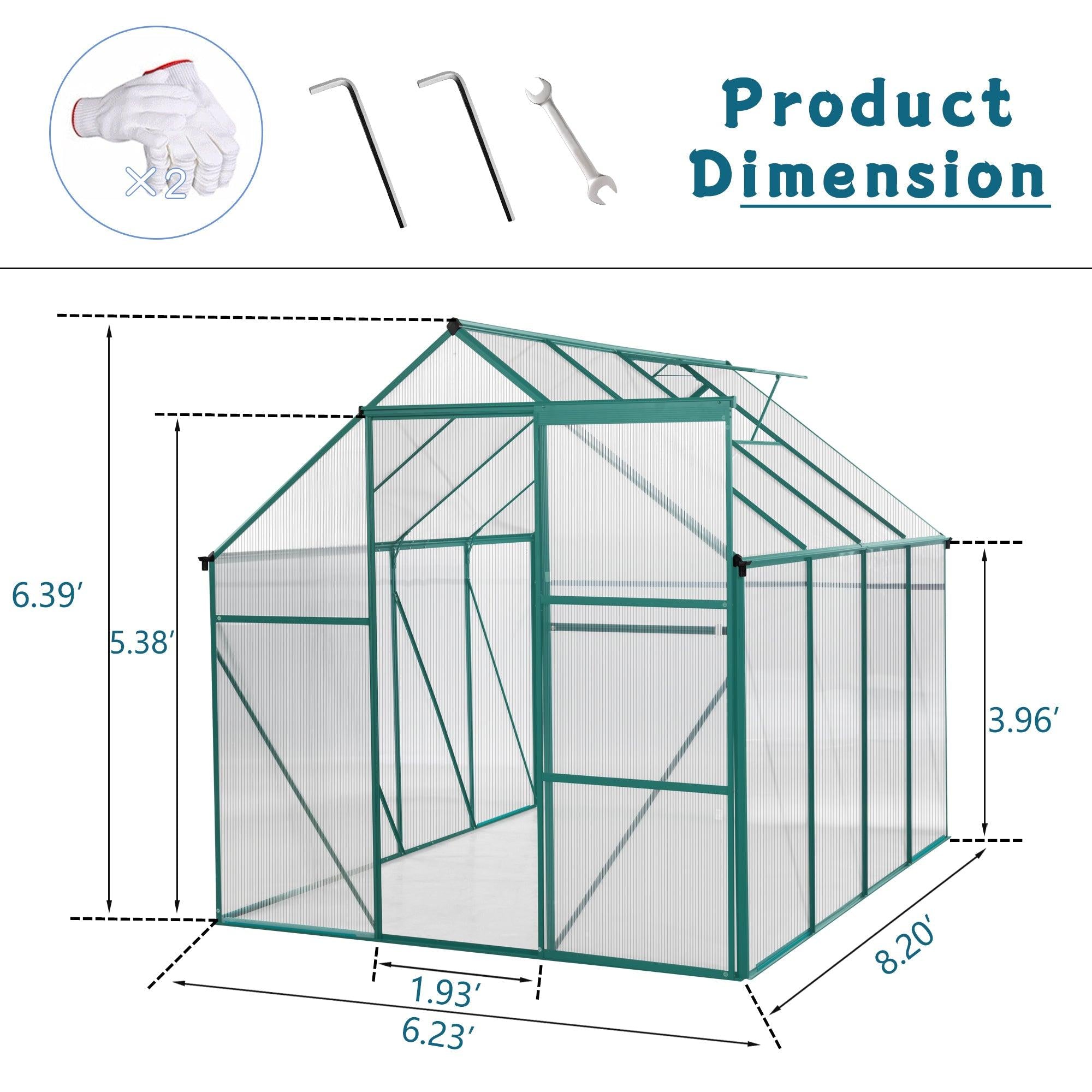 Outdoor Patio 6ft x 8ft Walk-in Polycarbonate Greenhouse with Window and Aluminum Base