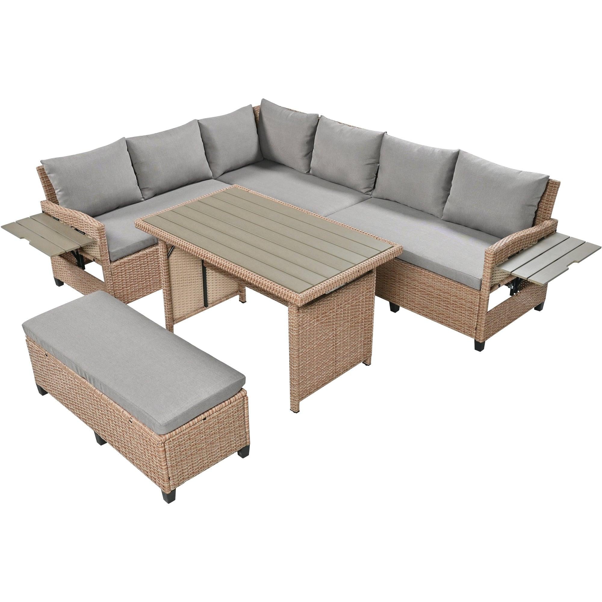 5 PCS Outdoor Patio PE Wicker Brown Rattan L-Shaped Sectional Sofa Set with 2 Extendable Side Tables, Dining Table and Washable Covers - Gray