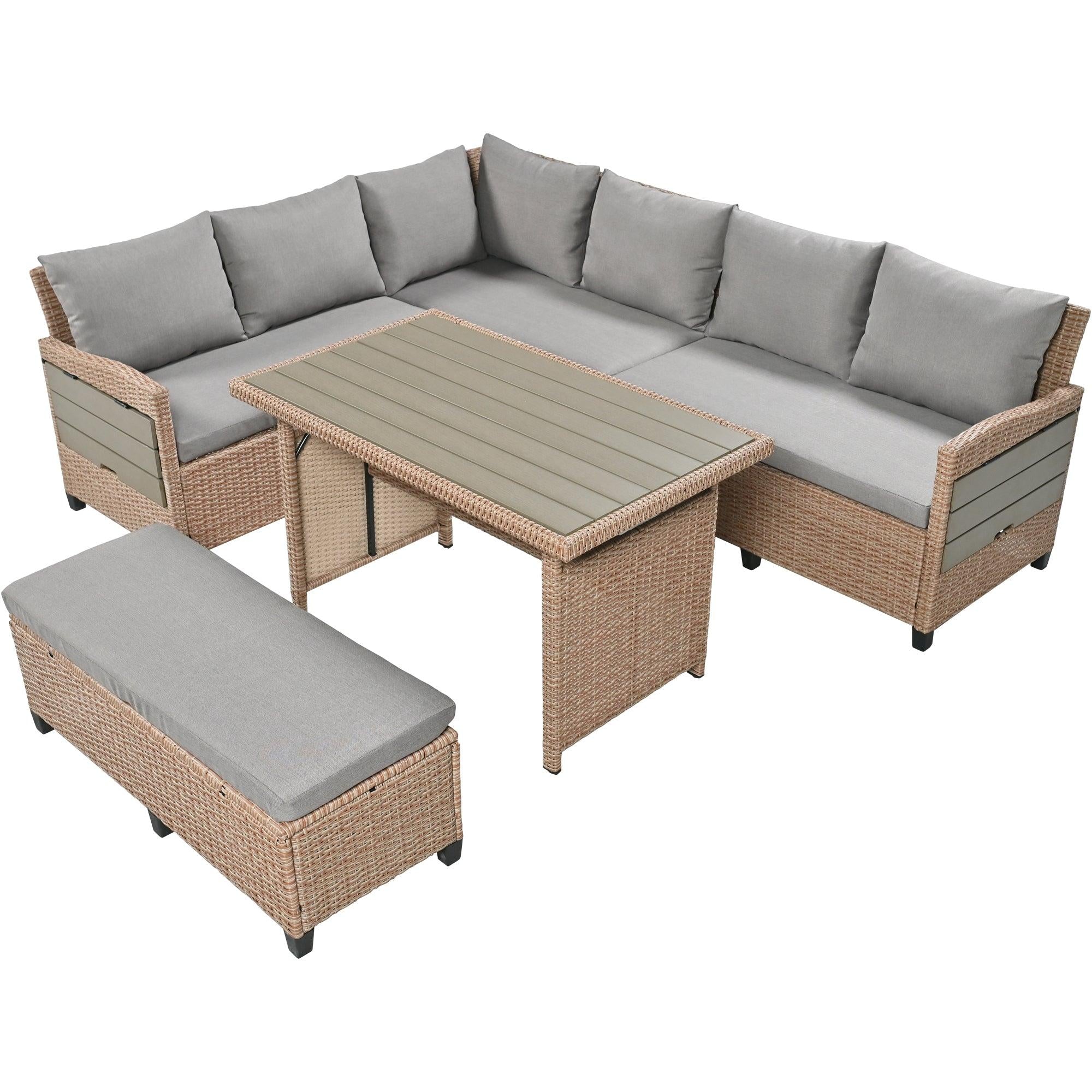 5 PCS Outdoor Patio PE Wicker Brown Rattan L-Shaped Sectional Sofa Set with 2 Extendable Side Tables, Dining Table and Washable Covers - Gray