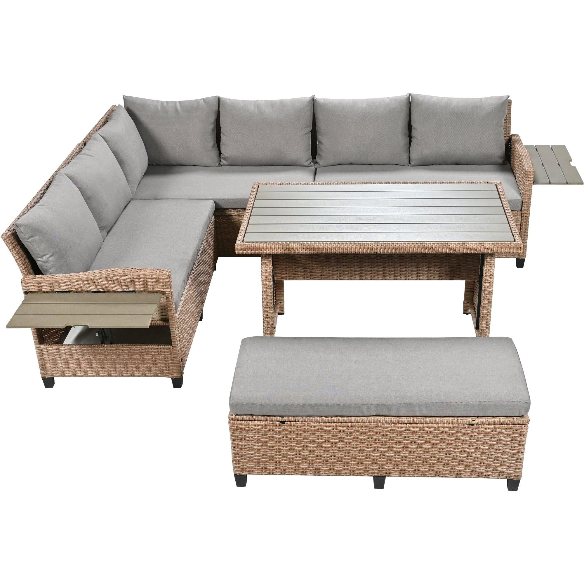 5 PCS Outdoor Patio PE Wicker Brown Rattan L-Shaped Sectional Sofa Set with 2 Extendable Side Tables, Dining Table and Washable Covers - Gray