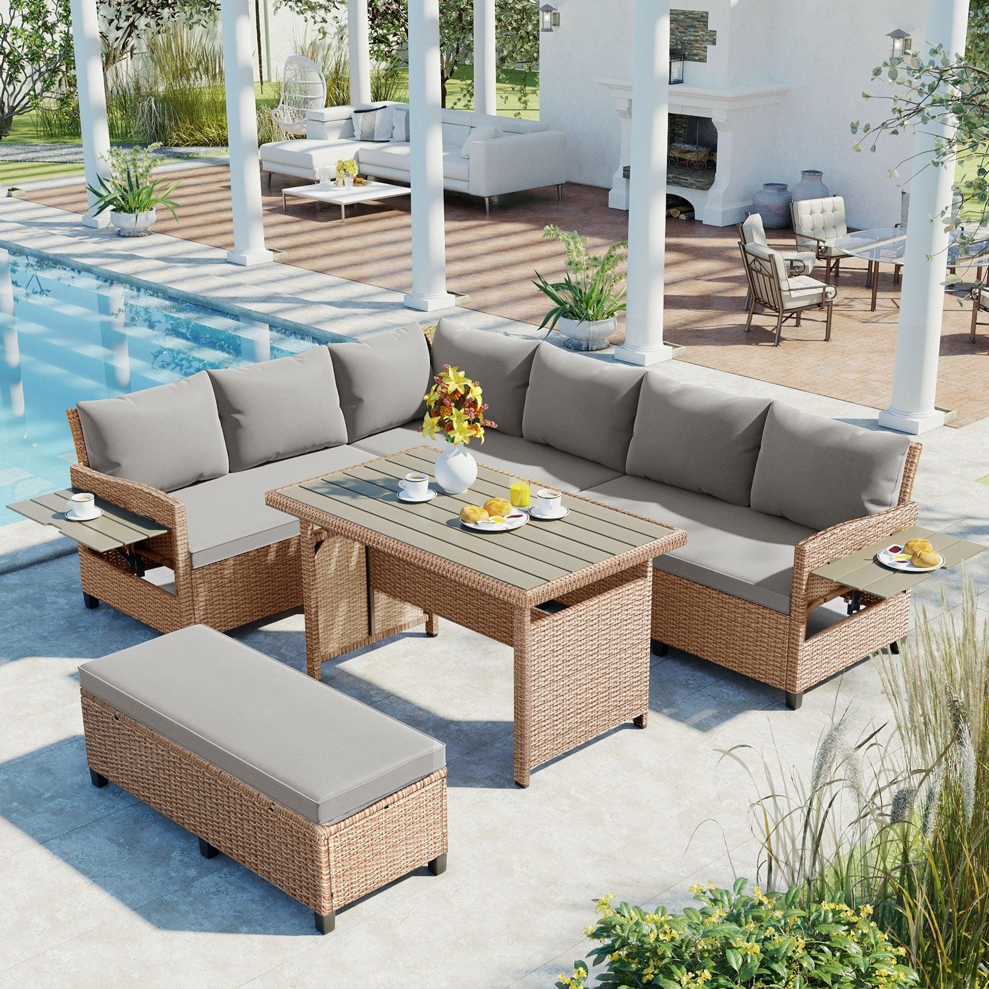 5 PCS Outdoor Patio PE Wicker Brown Rattan L-Shaped Sectional Sofa Set with 2 Extendable Side Tables, Dining Table and Washable Covers - Gray image