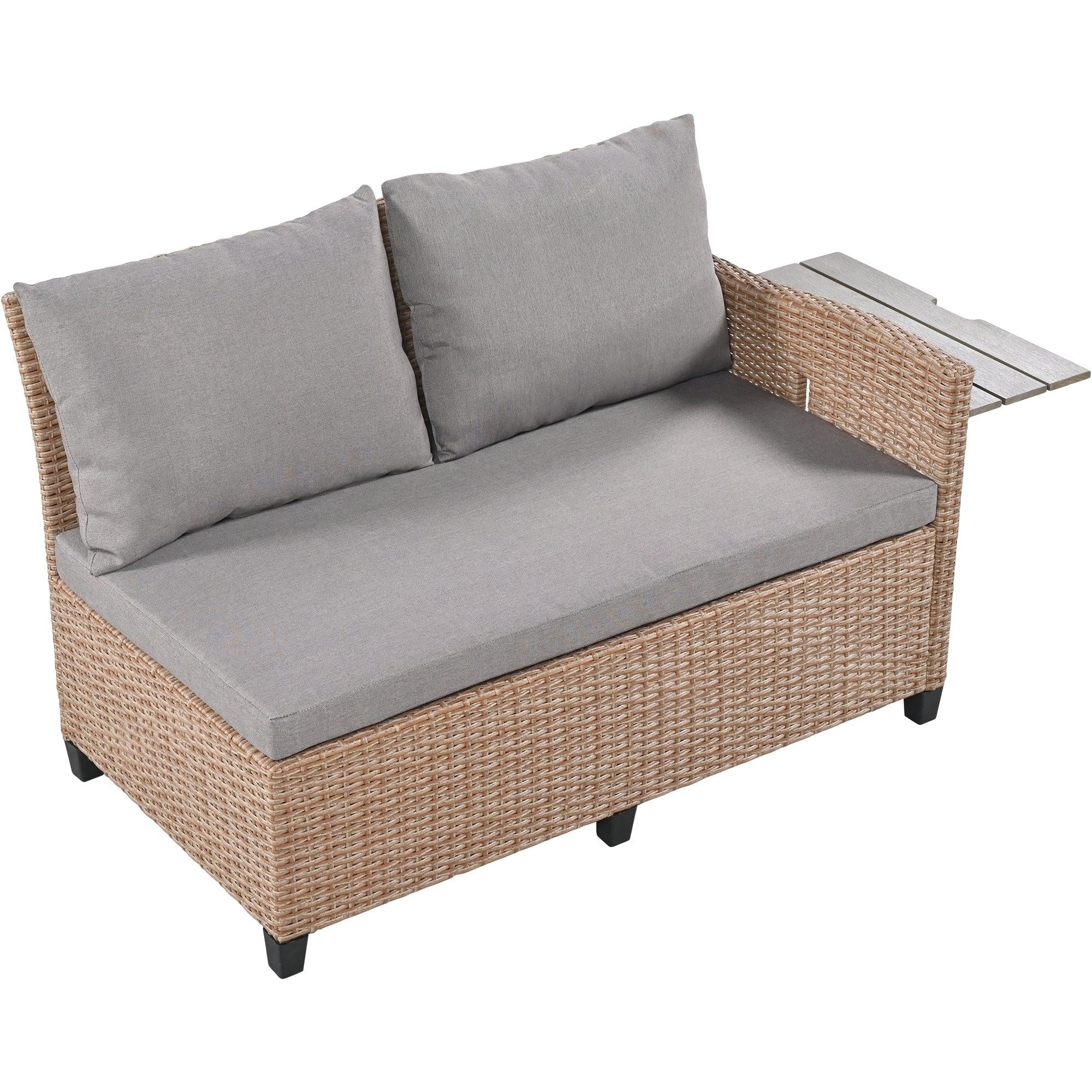 5 PCS Outdoor Patio PE Wicker Brown Rattan L-Shaped Sectional Sofa Set with 2 Extendable Side Tables, Dining Table and Washable Covers - Gray