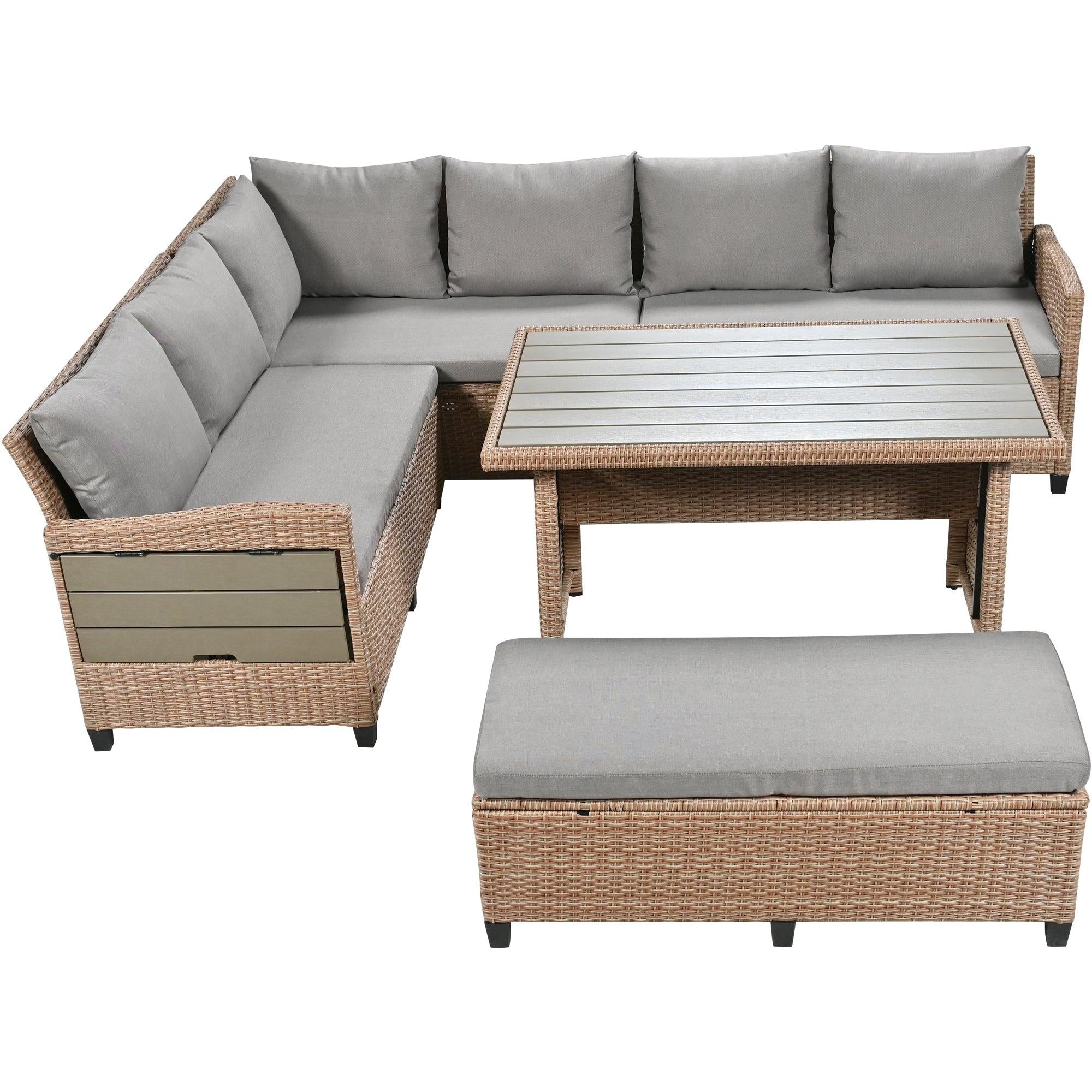 5 PCS Outdoor Patio PE Wicker Brown Rattan L-Shaped Sectional Sofa Set with 2 Extendable Side Tables, Dining Table and Washable Covers - Gray