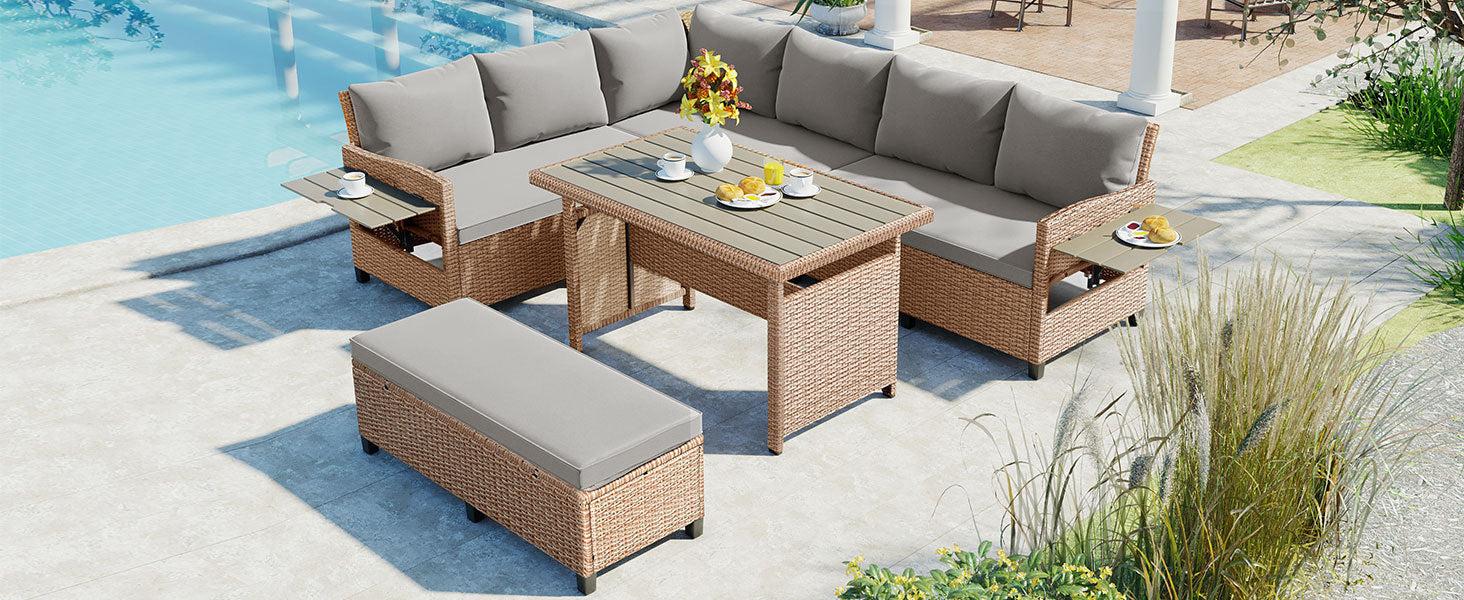 5 PCS Outdoor Patio PE Wicker Brown Rattan L-Shaped Sectional Sofa Set with 2 Extendable Side Tables, Dining Table and Washable Covers - Gray