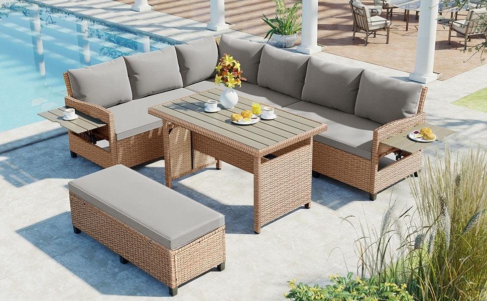 5 PCS Outdoor Patio PE Wicker Brown Rattan L-Shaped Sectional Sofa Set with 2 Extendable Side Tables, Dining Table and Washable Covers - Gray