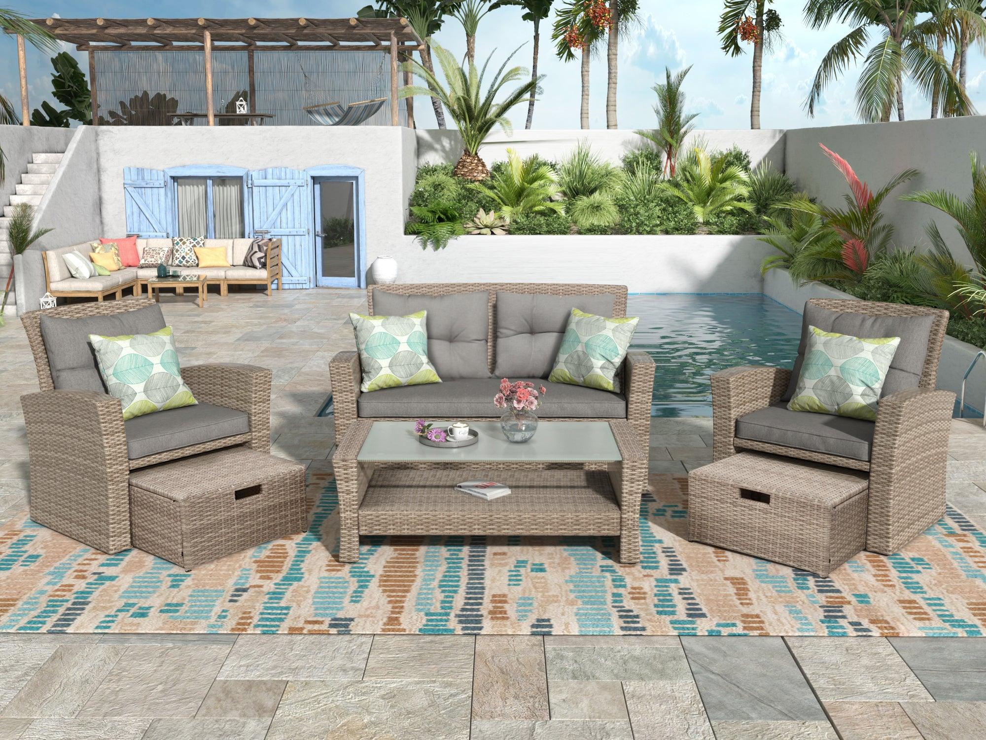 4 PCS Outdoor All Weather Wicker Rattan Patio Furniture Set with Ottoman and Gray Cushions image