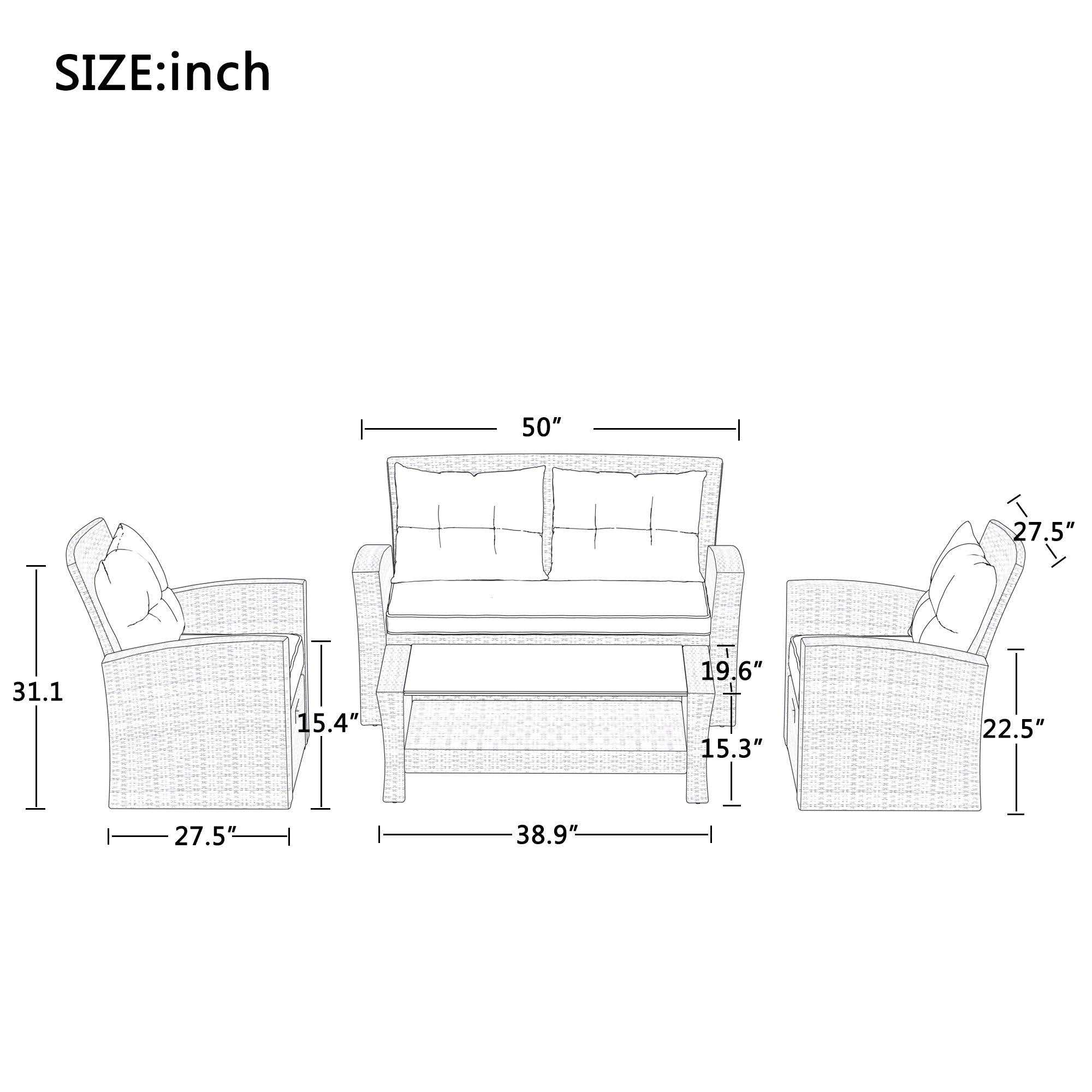 4 PCS Outdoor All Weather Wicker Rattan Patio Furniture Set with Ottoman and Gray Cushions