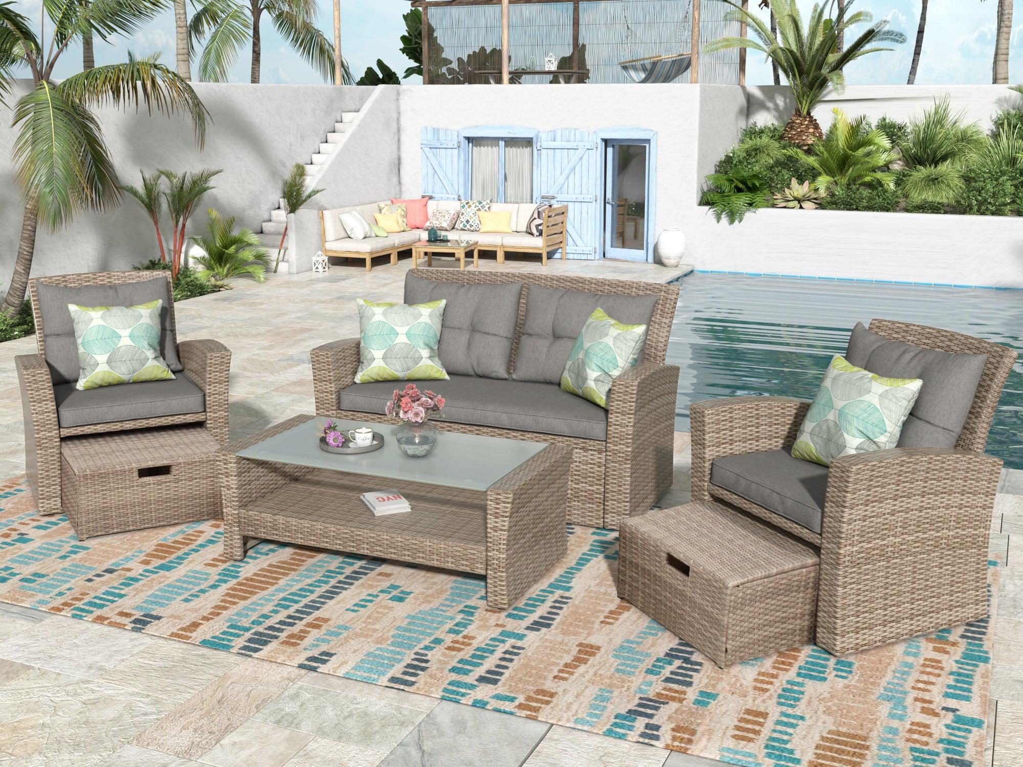 4 PCS Outdoor All Weather Wicker Rattan Patio Furniture Set with Ottoman and Gray Cushions