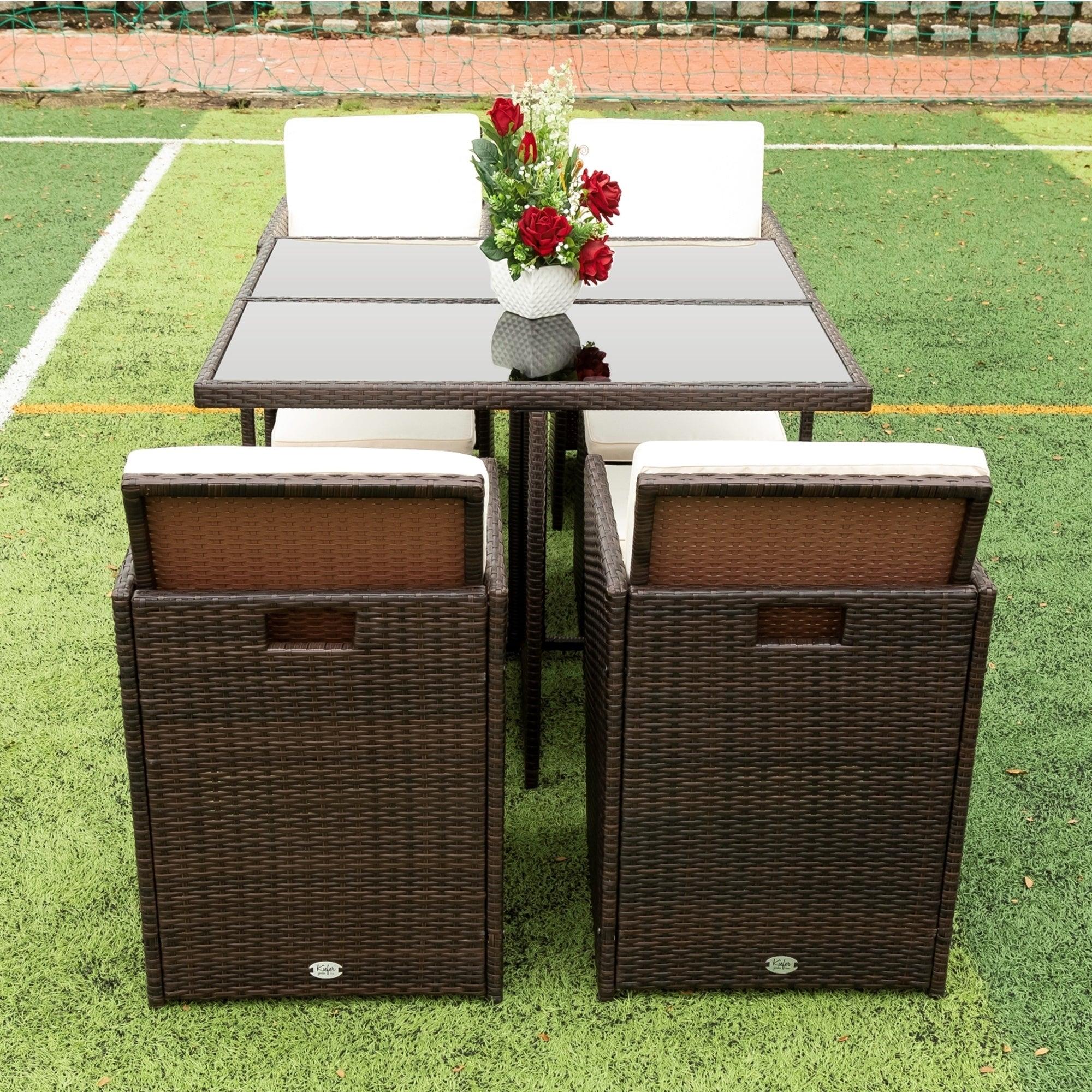 9 PCS Outdoor Patio Wicker Rattan Space Saving Dining Set with Ottoman and Cushions