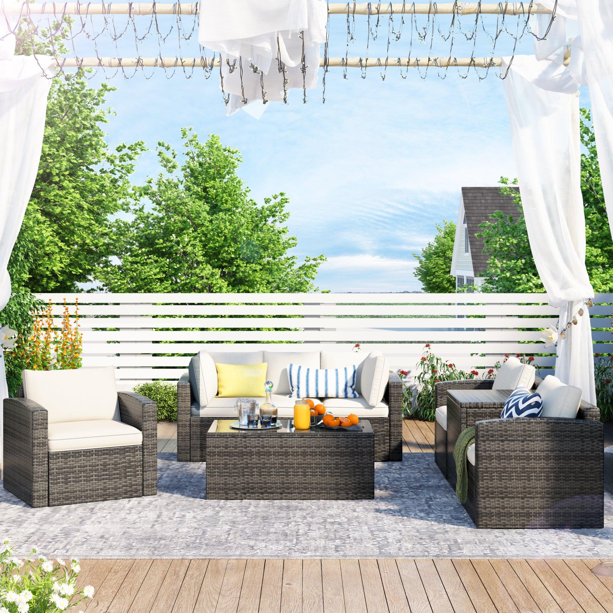 7 PCS Outdoor Patio Arrangeable Wicker Rattan Furniture Sets with Table,Storage Box, and Beige Cushion