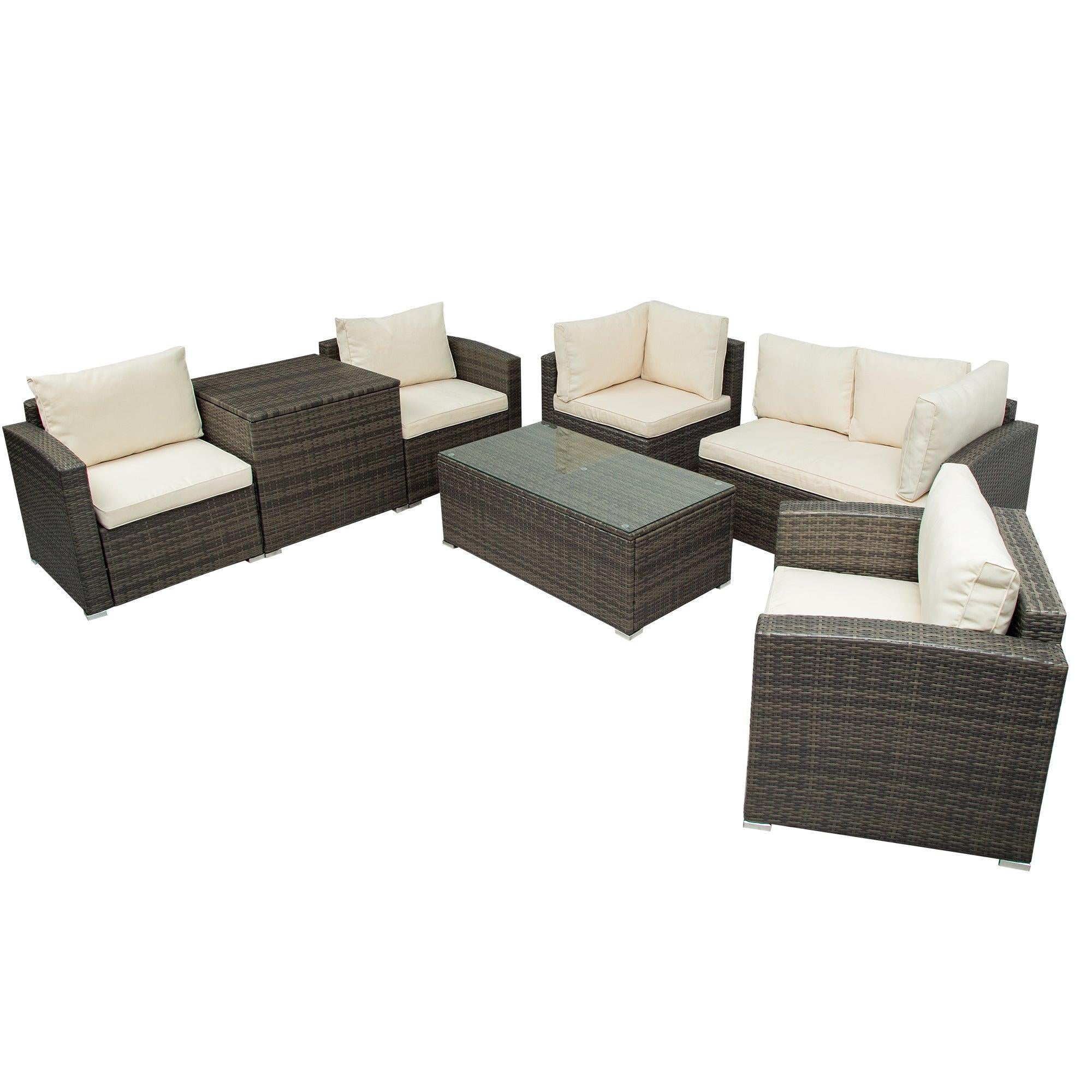 7 PCS Outdoor Patio Arrangeable Wicker Rattan Furniture Sets with Table,Storage Box, and Beige Cushion