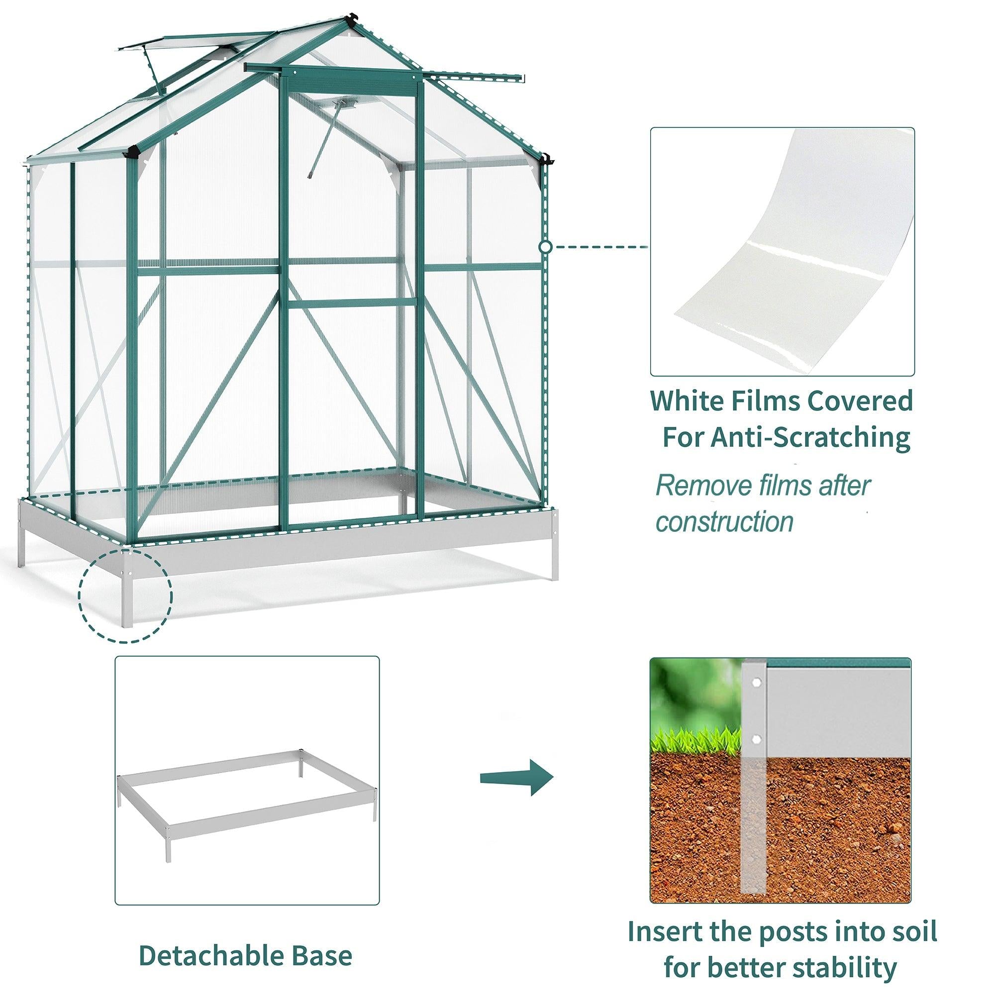 Outdoor Patio 6.2ft W x 4.3ft D Walk-in Polycarbonate Greenhouse with 2 Windows and Aluminum Base