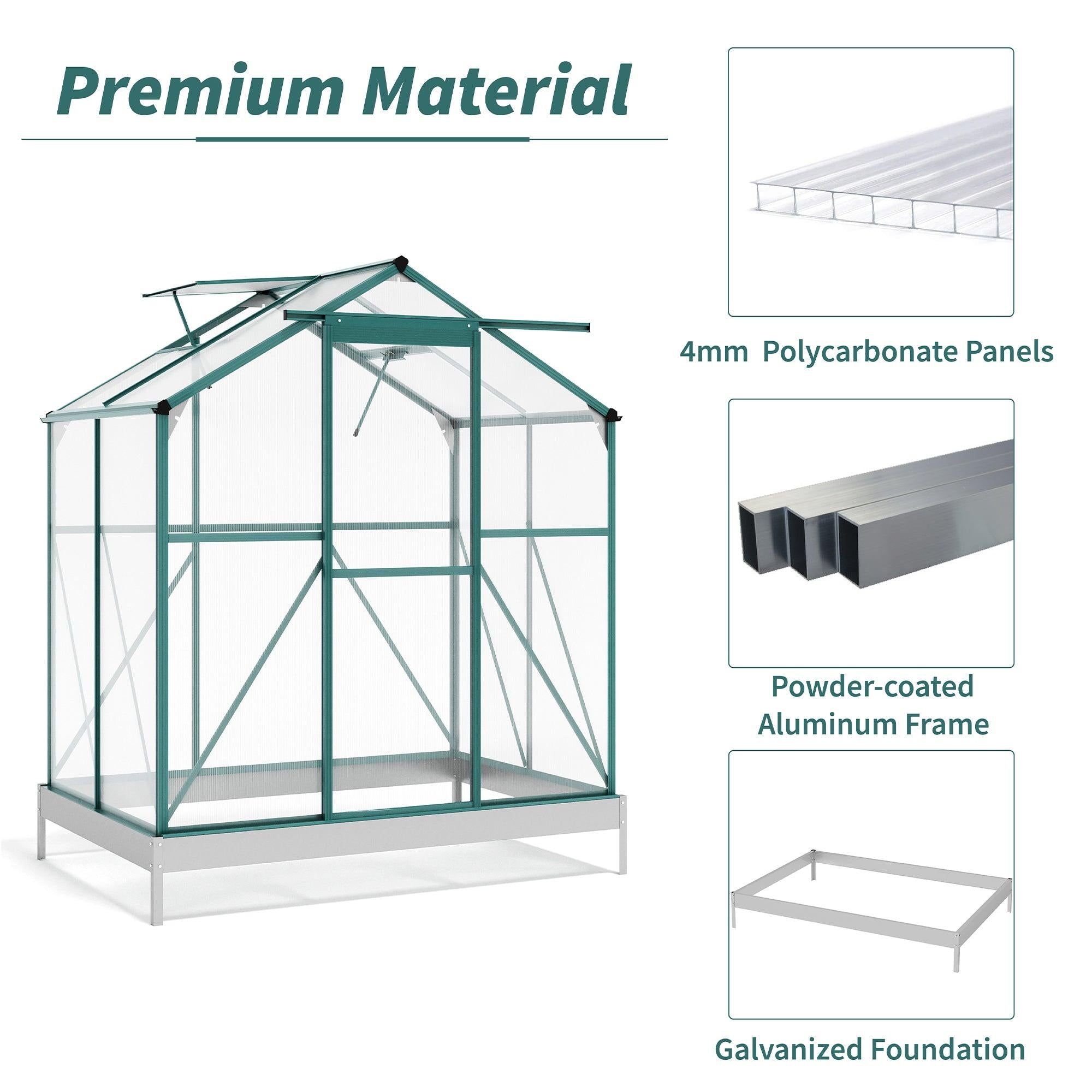 Outdoor Patio 6.2ft W x 4.3ft D Walk-in Polycarbonate Greenhouse with 2 Windows and Aluminum Base