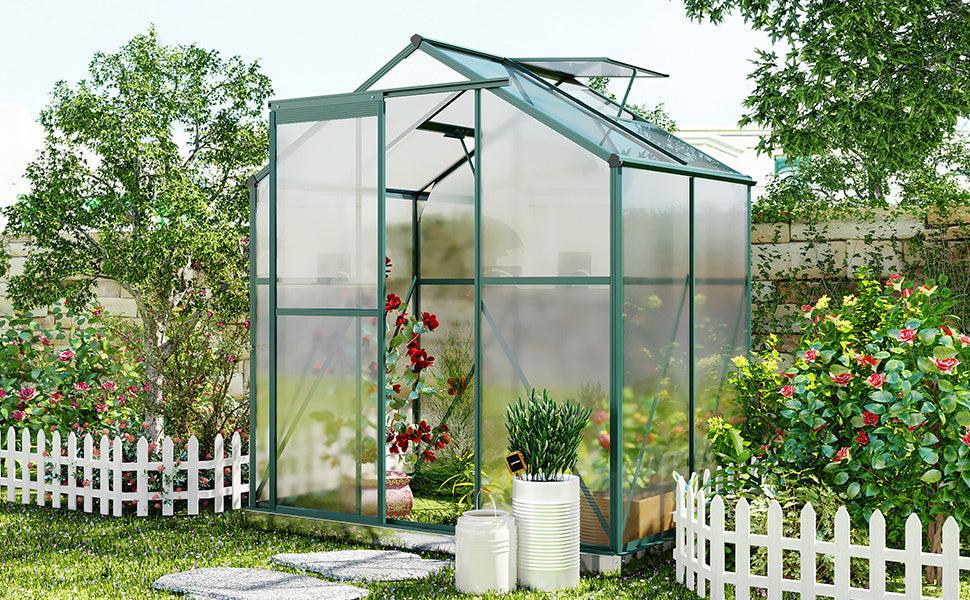 Outdoor Patio 6.2ft W x 4.3ft D Walk-in Polycarbonate Greenhouse with 2 Windows and Aluminum Base