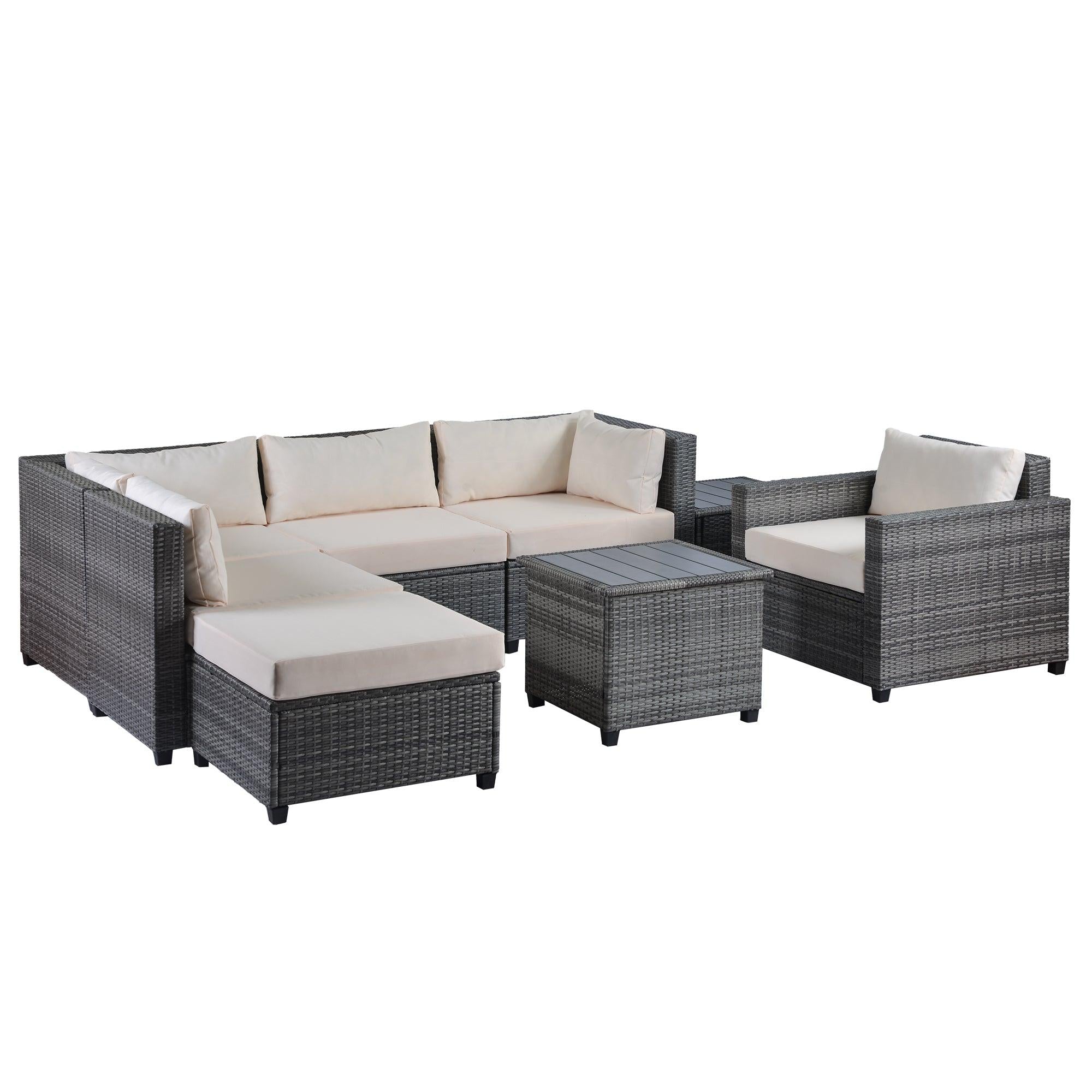 8 PCS Outdoor Patio Rattan Sectional Seating Group with Beige Cushions