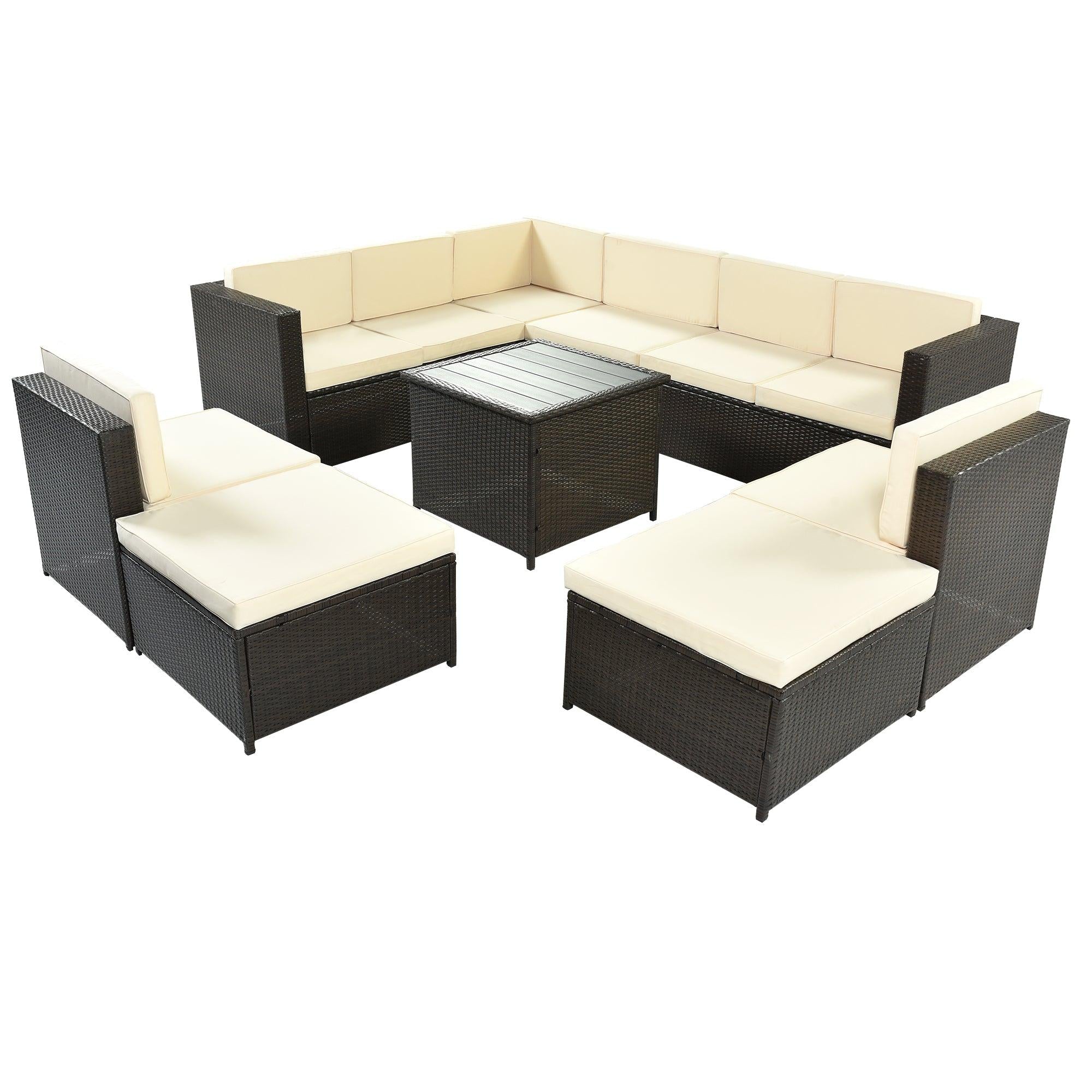 9 PCS Outdoor Gray Rattan Sectional Seating Group with Beige Cushions and Ottoman